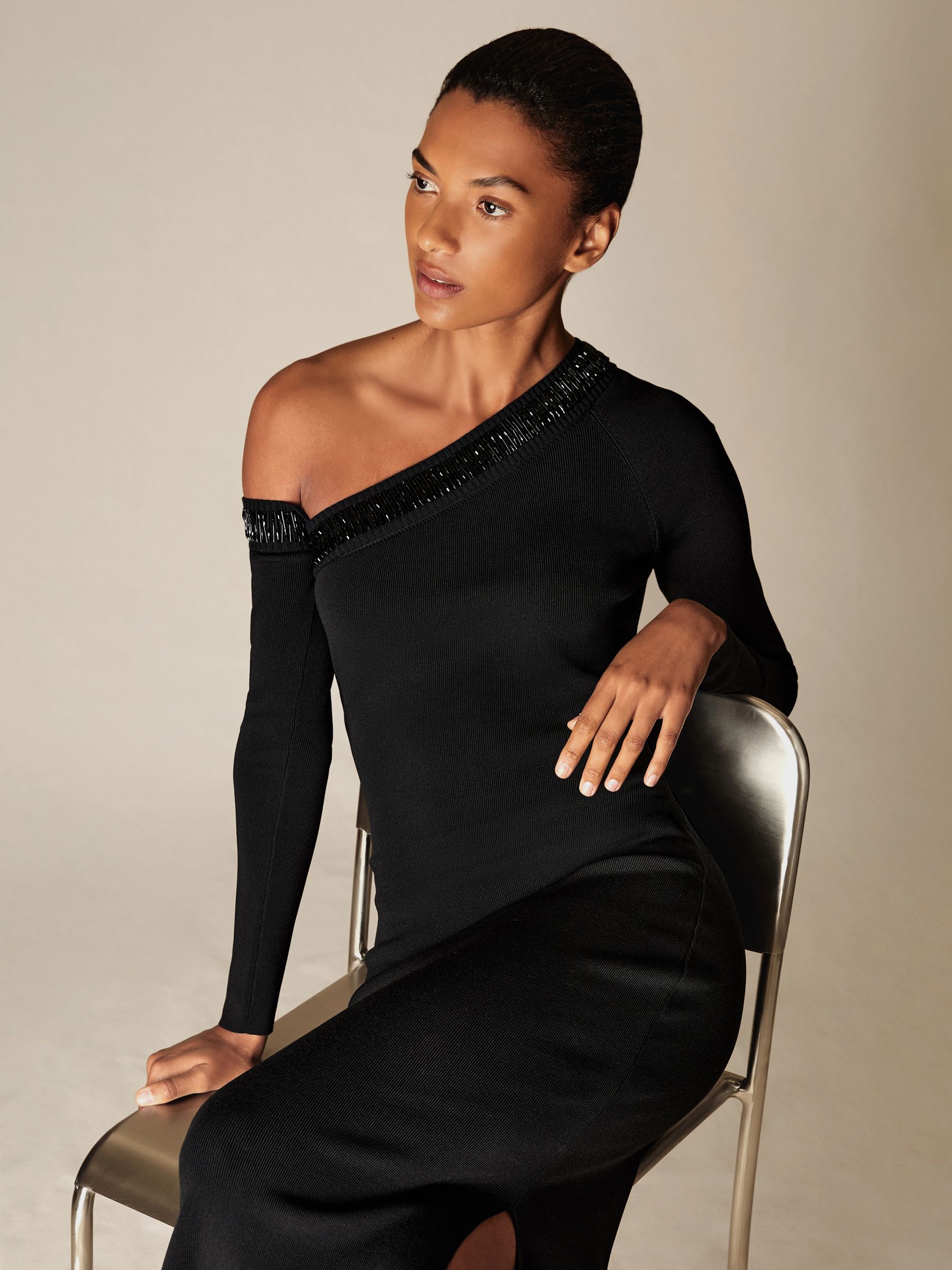 Bead-Detail Off-Shoulder Knit Dress in Black