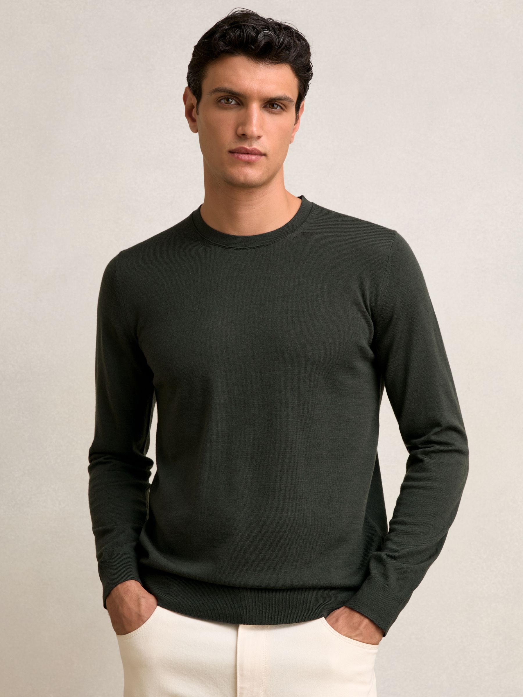 Merino Wool Crew Neck Jumper in Dark Military Green