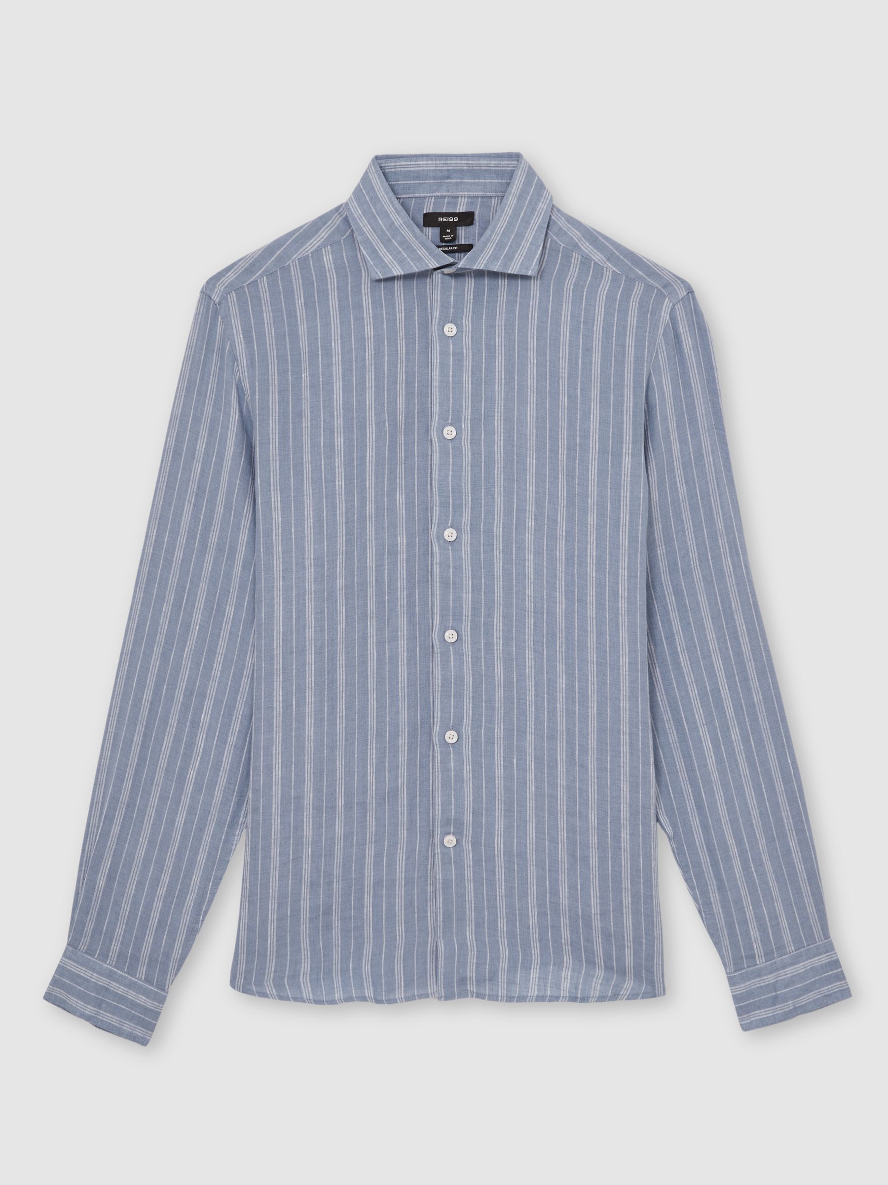 Linen Stripe Long-Sleeve Shirt in Airforce Blue/White
