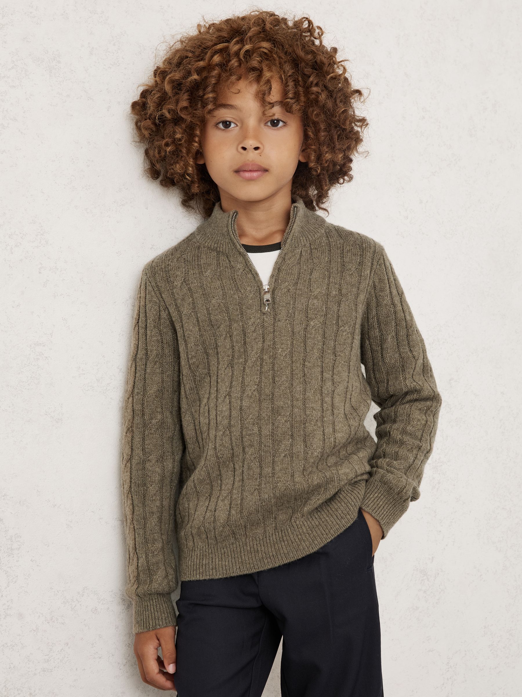 3-9 yrs Wool-Blend Half-Zip Cable Knit Jumper in Camel Melange