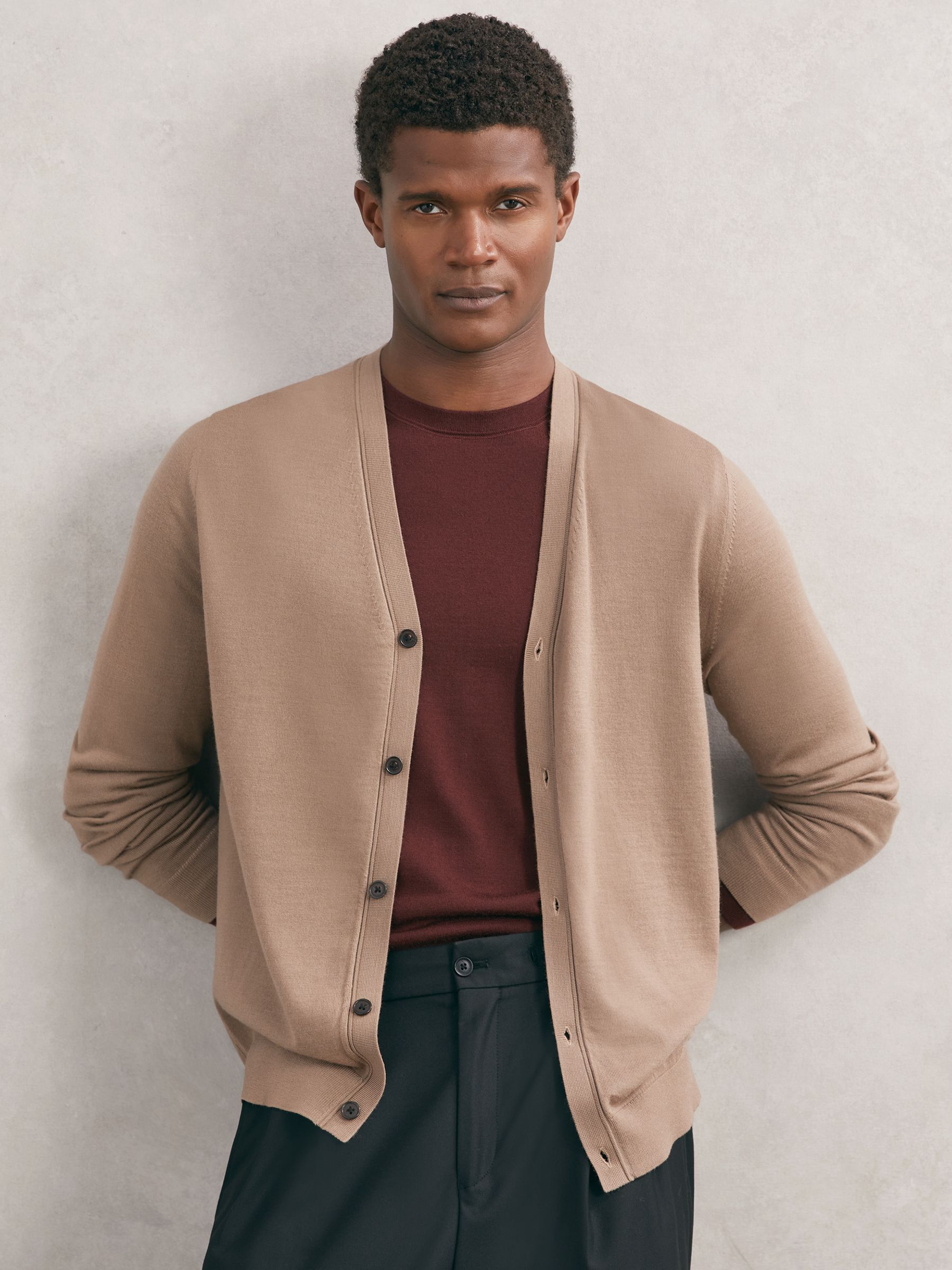 Merino Wool Button-Through Cardigan in Camel Brown