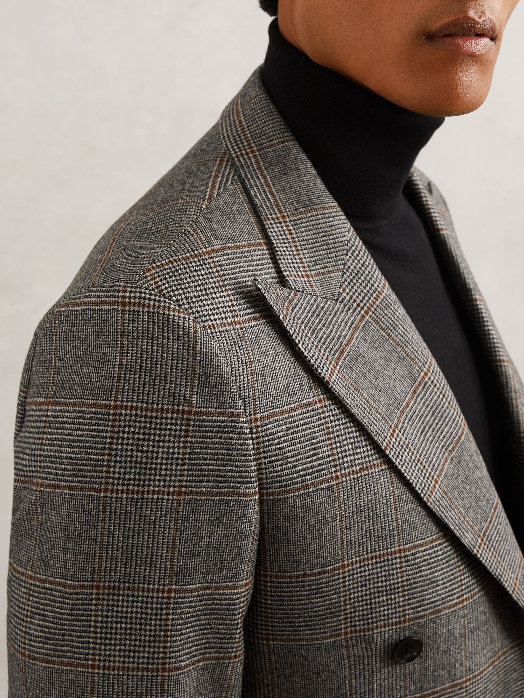 Wool Double-Breasted Check Suit Blazer Tailored-Fit in Charcoal Grey