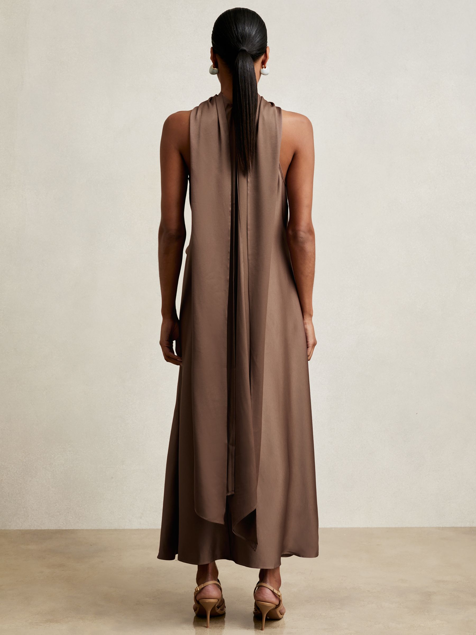 Satin Tuck-Detail Cape Midi Dress in Taupe Brown