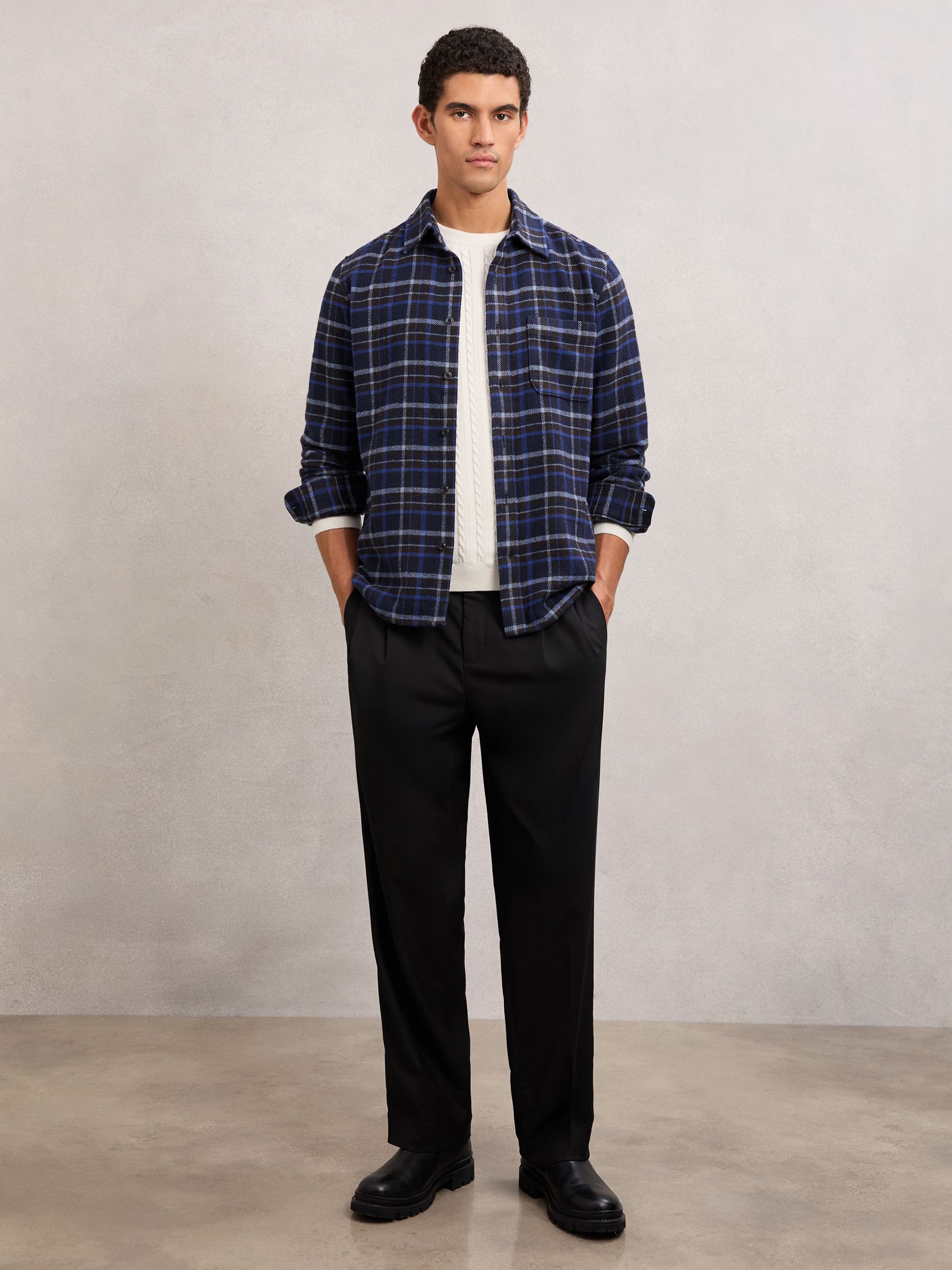 Check Button-Through Overshirt with Wool in Navy