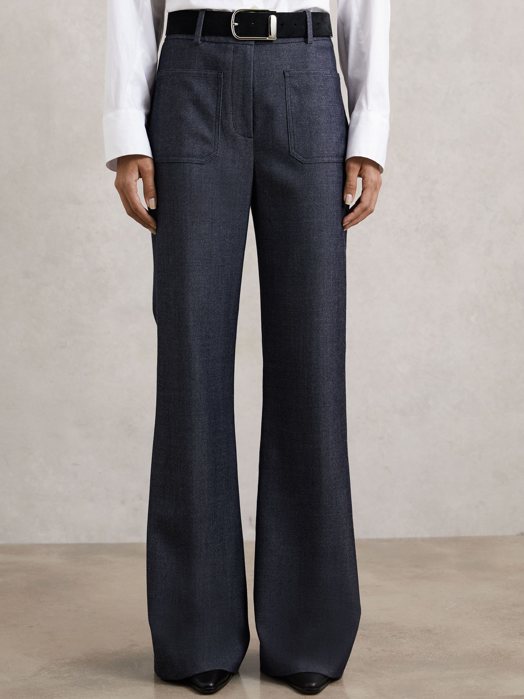 Petite Flannel Patch-Pocket Flared Trousers with Wool in Blue