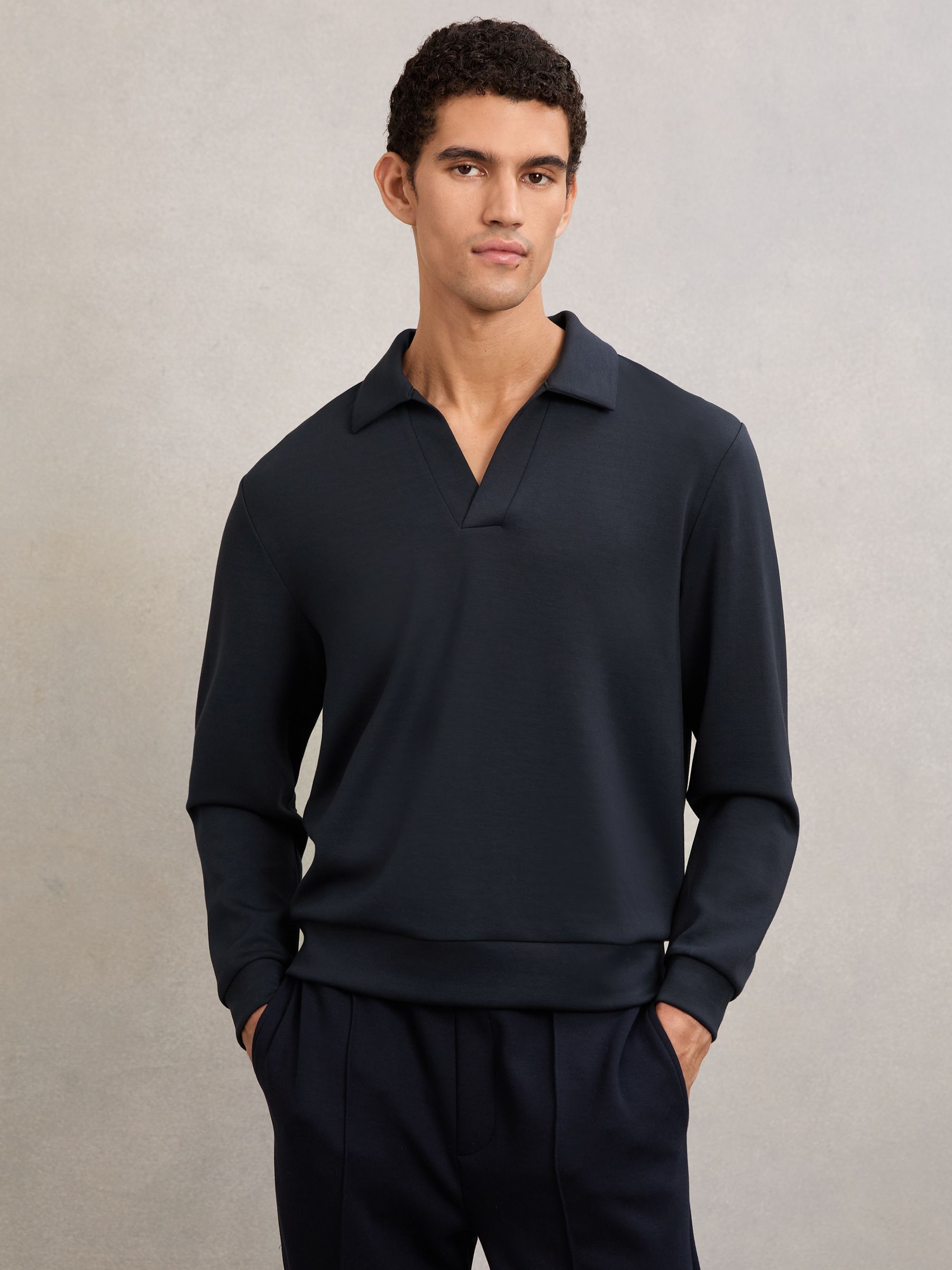 Interlock Open-Collar Polo Sweatshirt in Navy Blue
