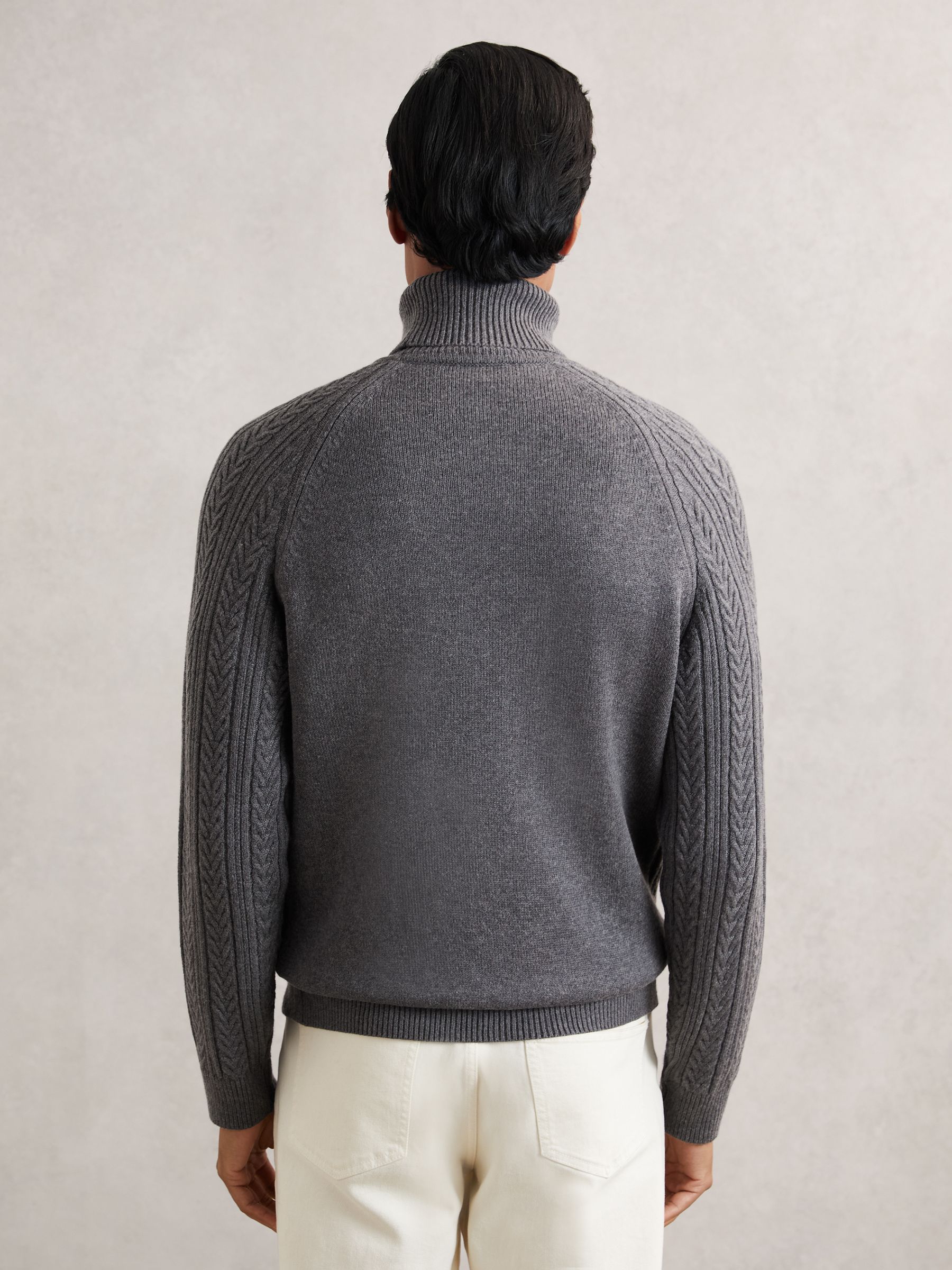 Cable-Knit Roll-Neck Jumper With Wool in Mid Grey Melange