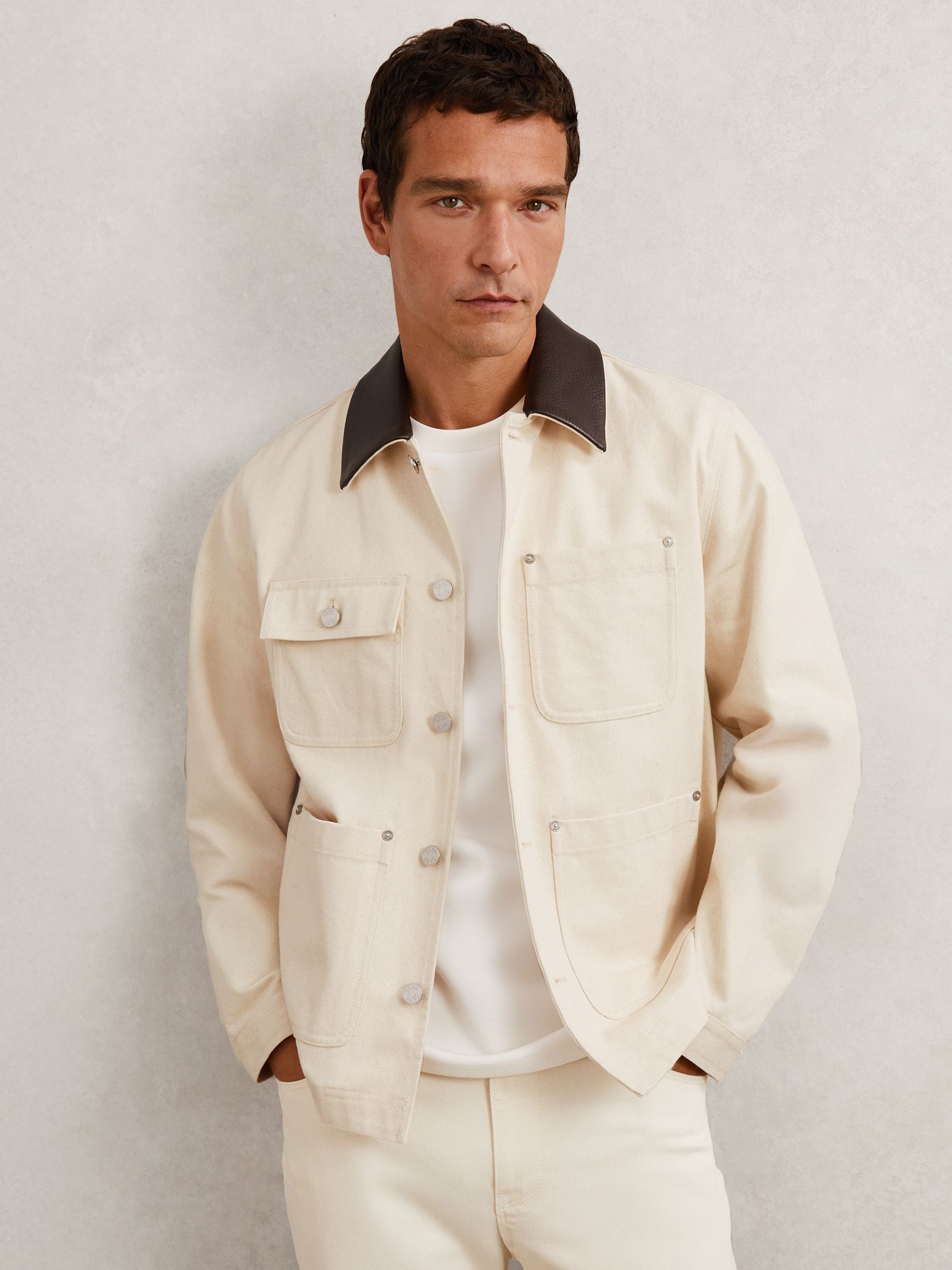 Denim Leather-Collar Worker Jacket in Off White