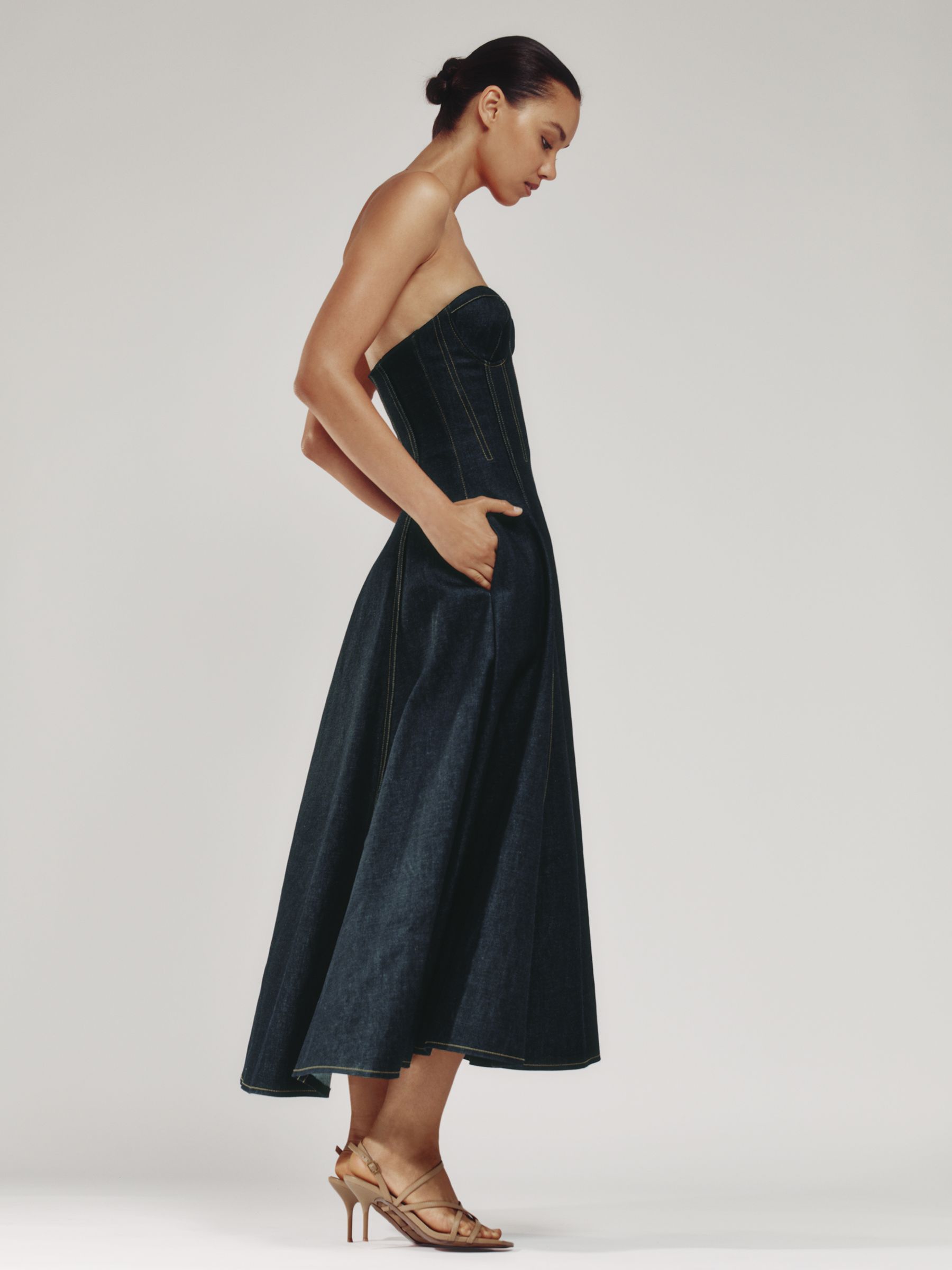 Strapless Structured Denim Midi Dress in Indigo Blue