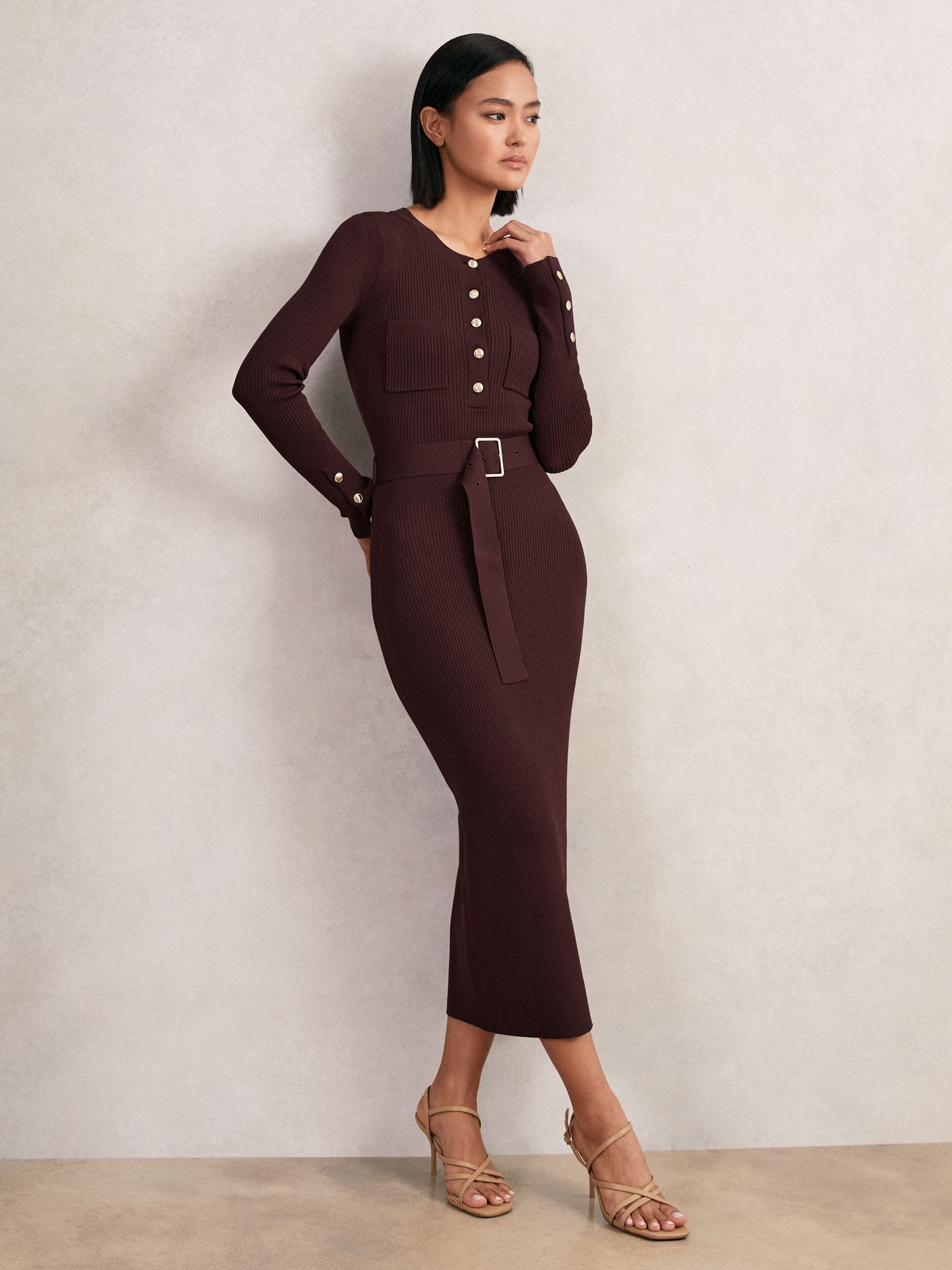 Buttoned Rib-Knit Midi Dress in Burgundy