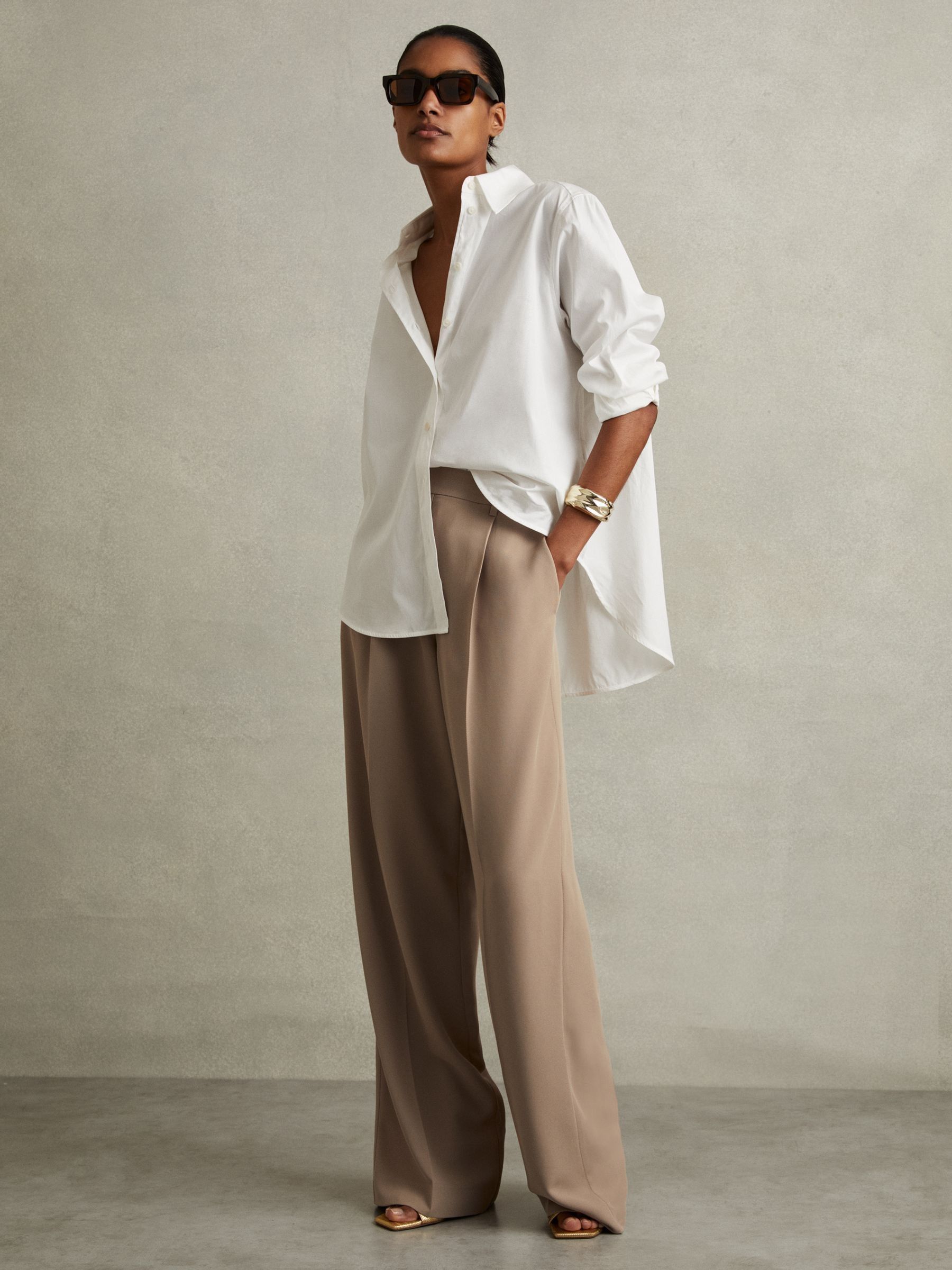 Elasticated-Waist Wide-Leg Twill Trousers in Cream