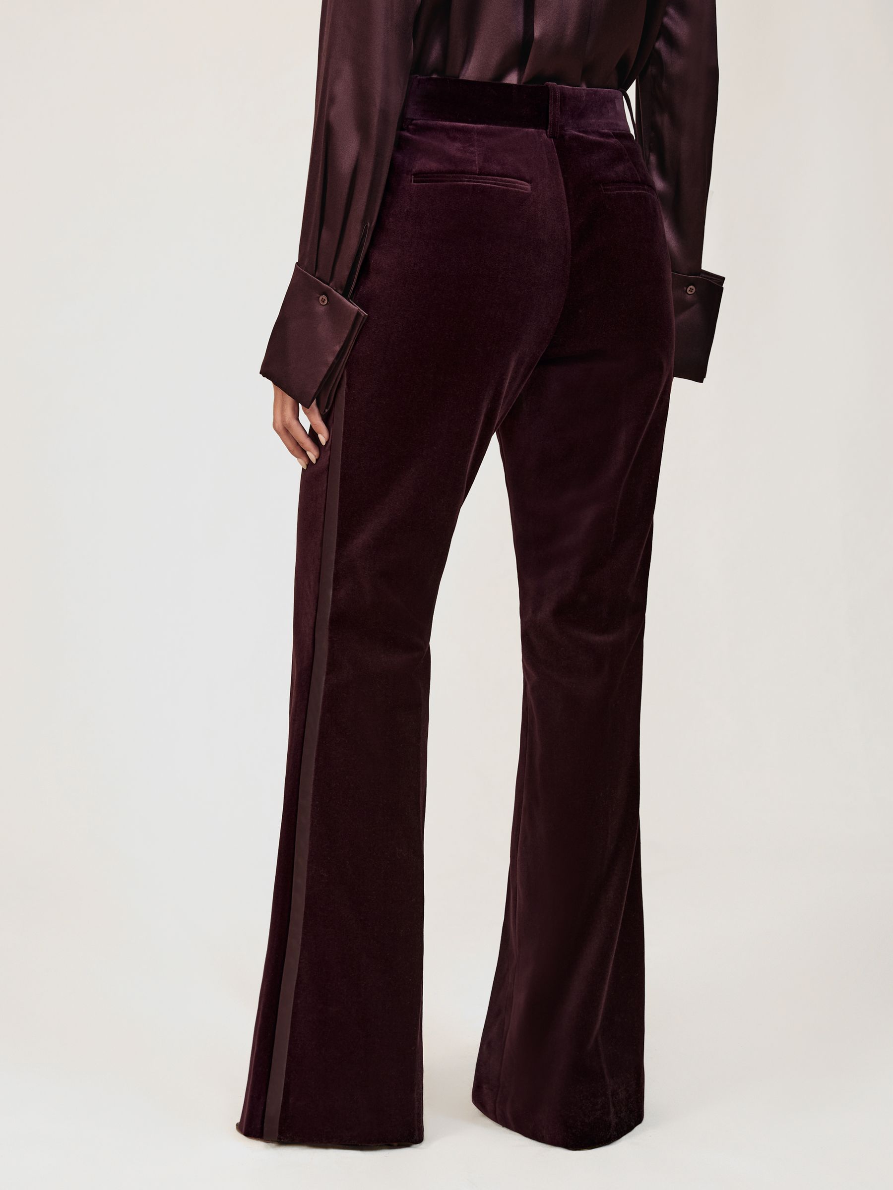 Velvet Tuxedo-Stripe Flared Trousers in Burgundy