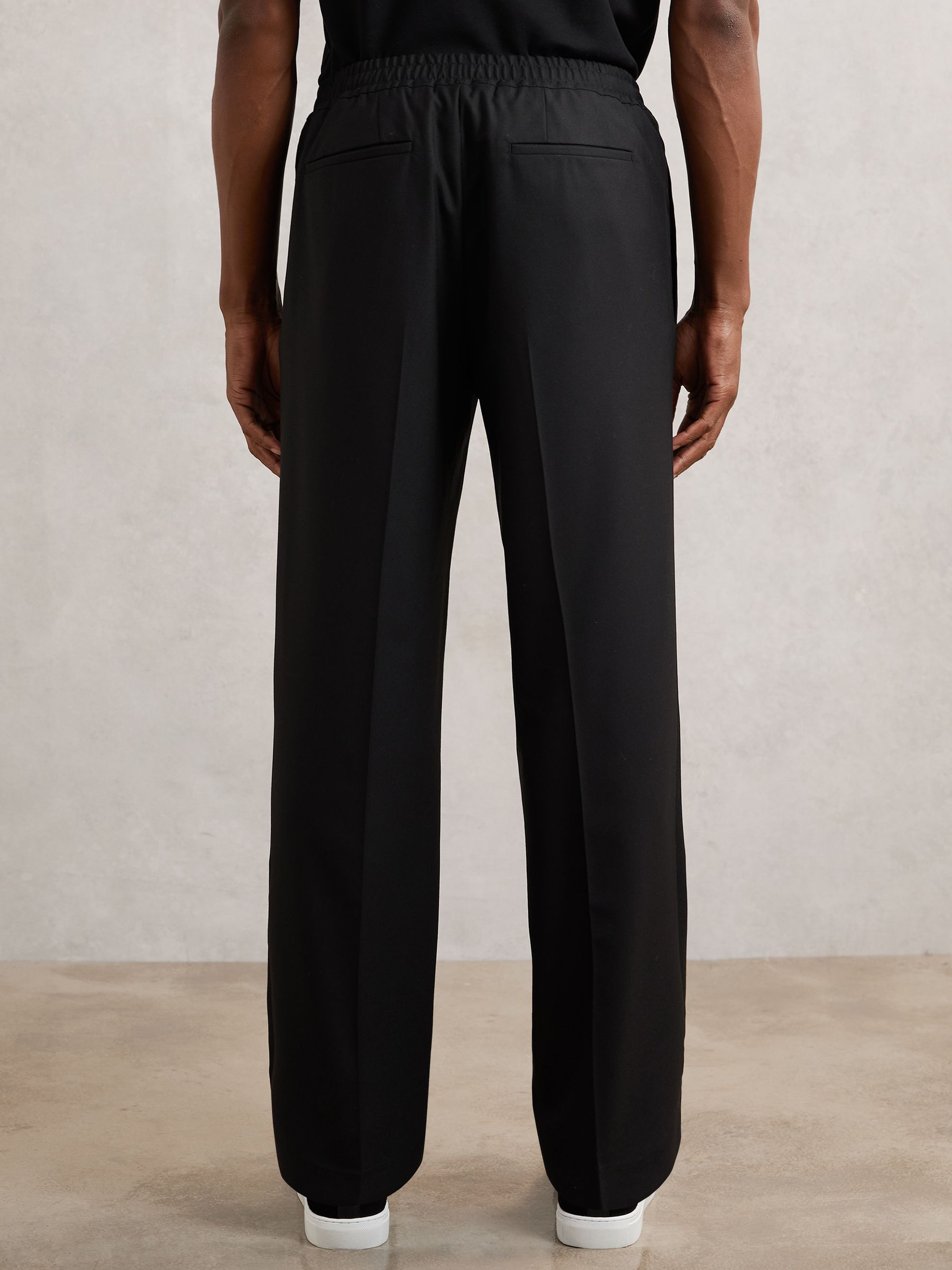 Wide Leg Pleated Drawstring Trousers in Black