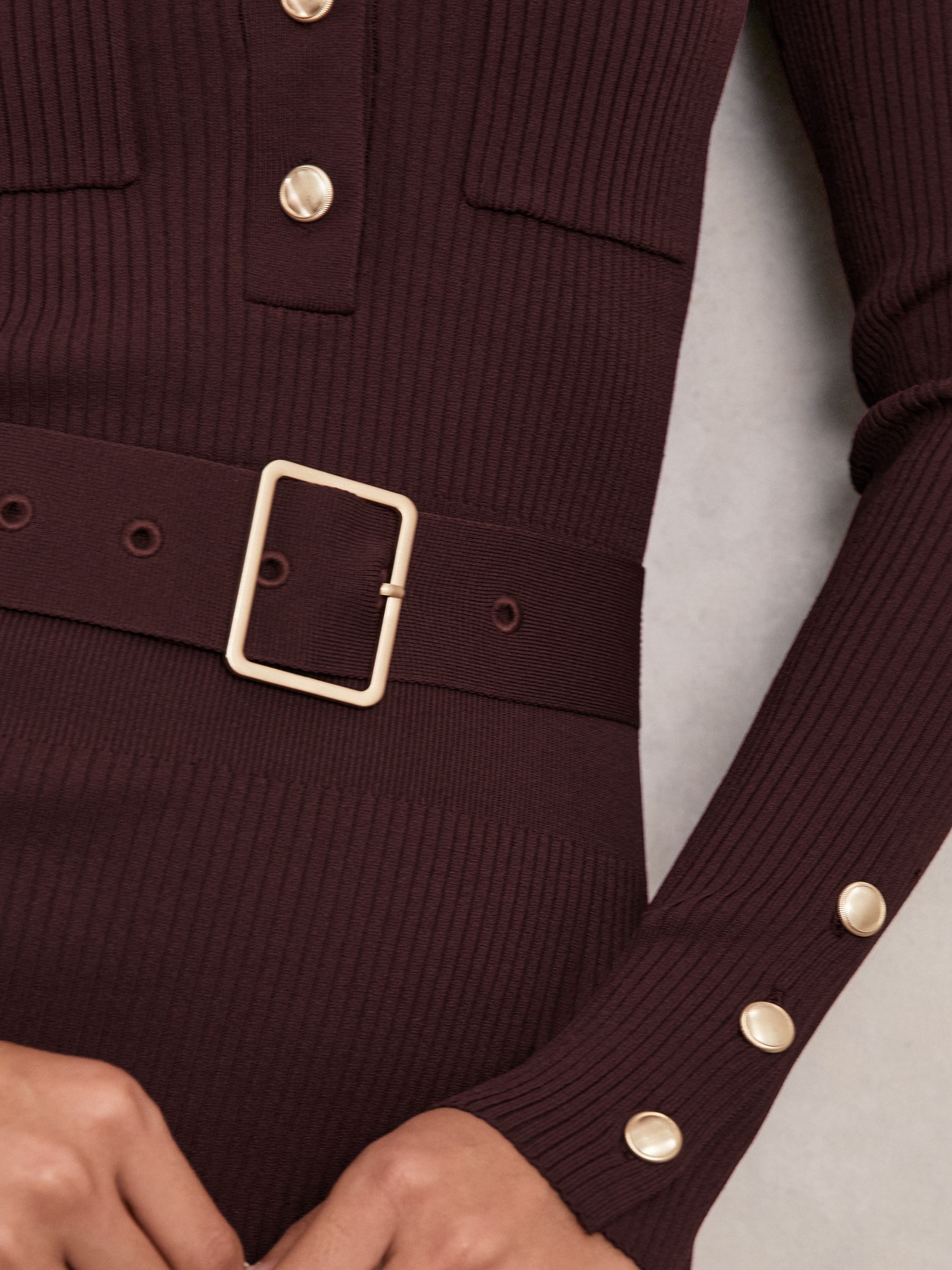 Buttoned Rib-Knit Midi Dress in Burgundy