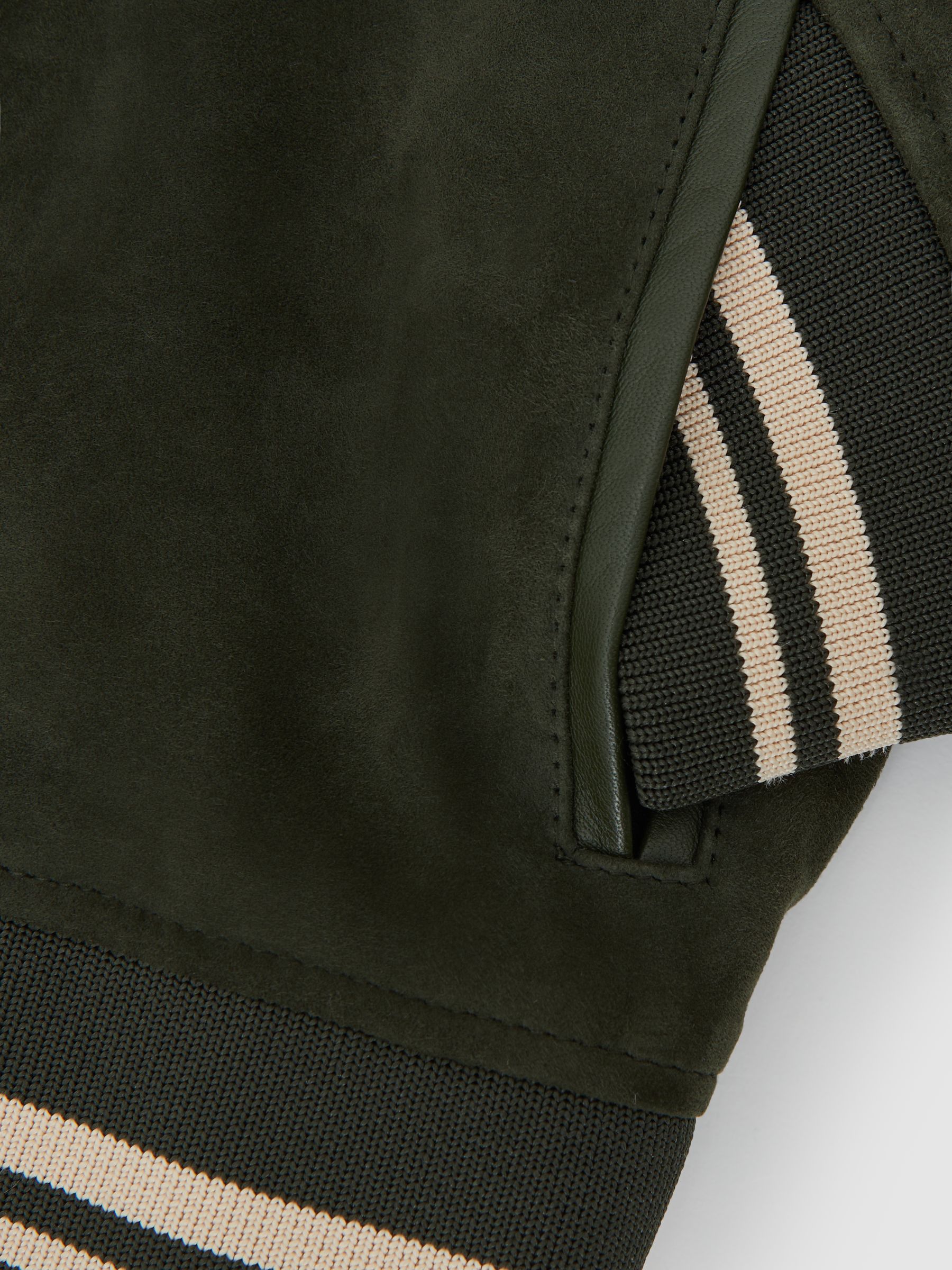 Suede Stripe-Trim Bomber Jacket in Forest Green