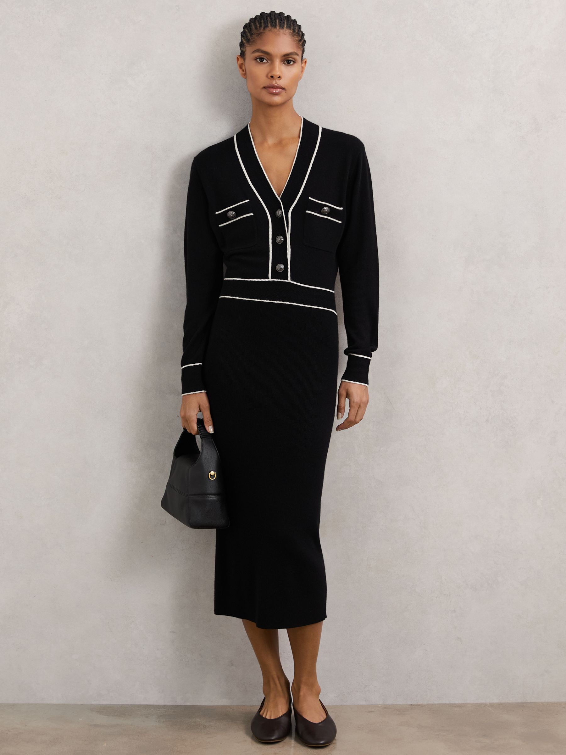 Petite Wool-Blend Tipped Dress With Cashmere in Black/Ivory