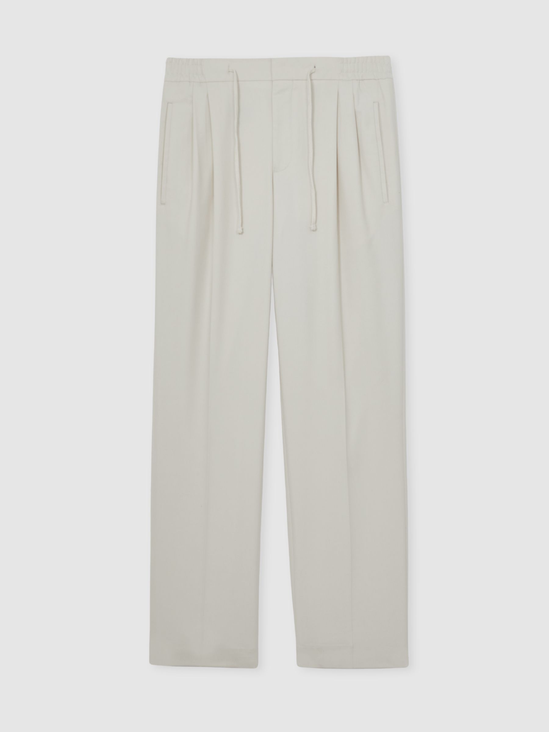 Wide Leg Pleated Drawstring Trousers in Ecru