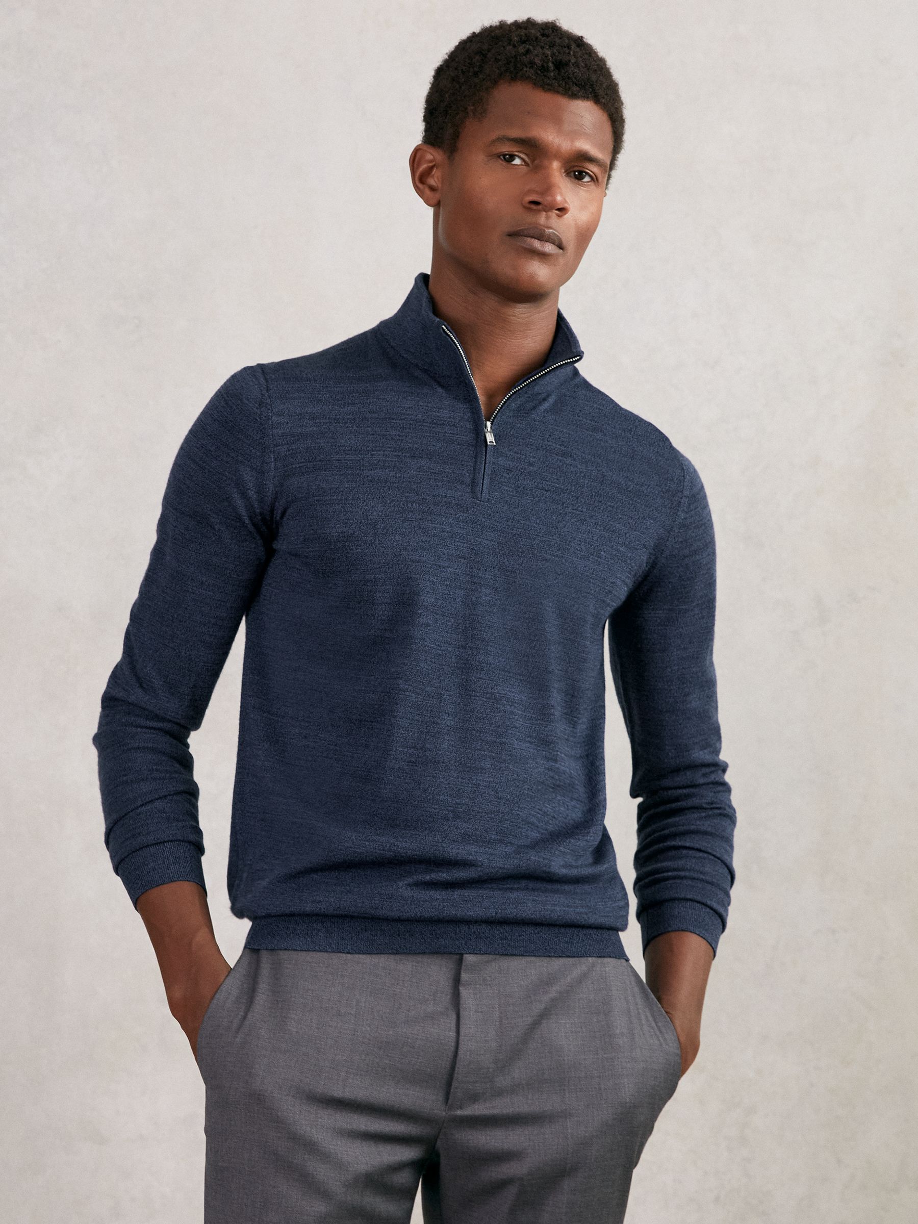 Merino Wool Half-Zip Funnel Neck Jumper in Denim Jaspe