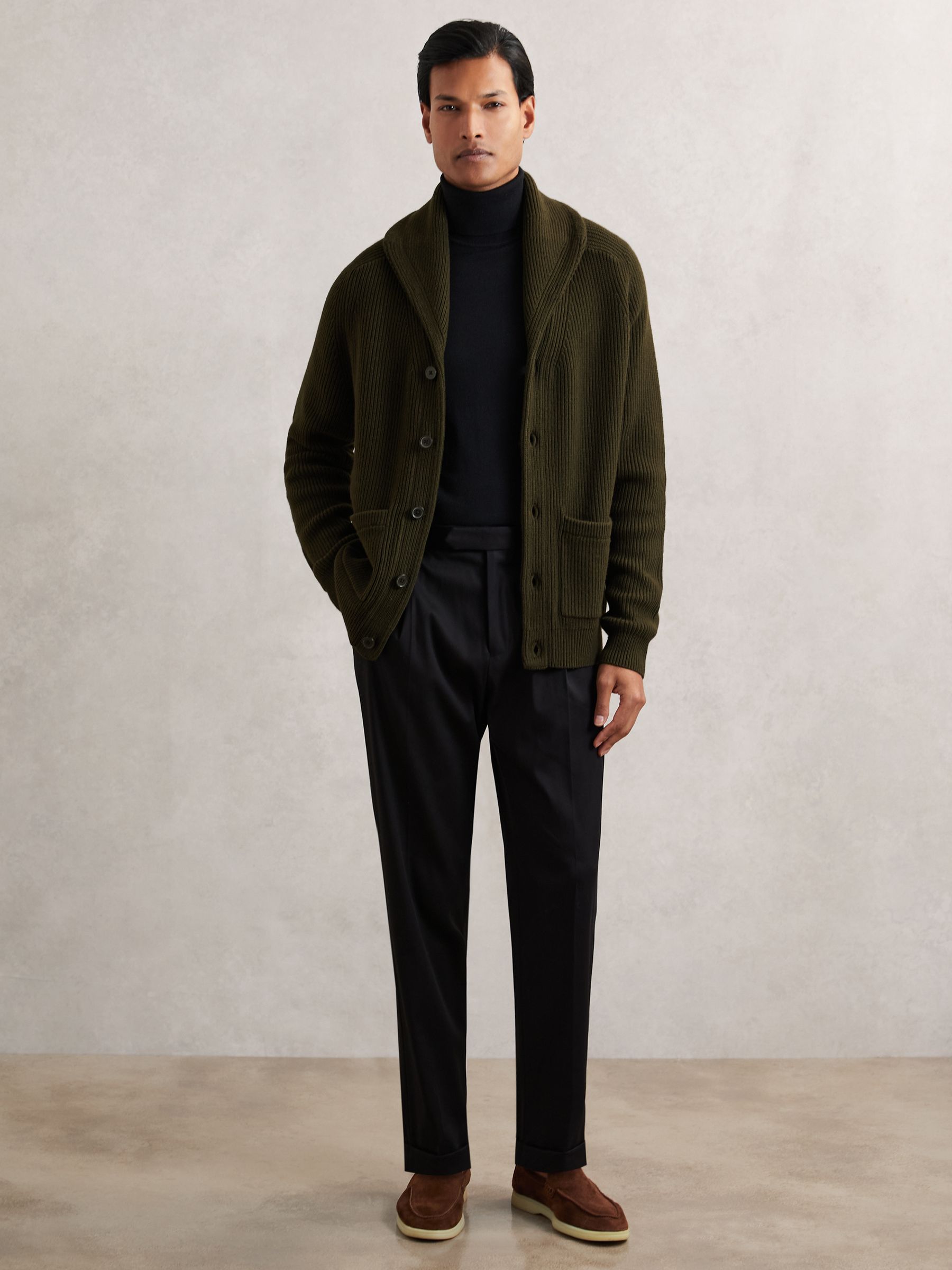 Shawl-Collar Cardigan With Wool in Dark Olive Green