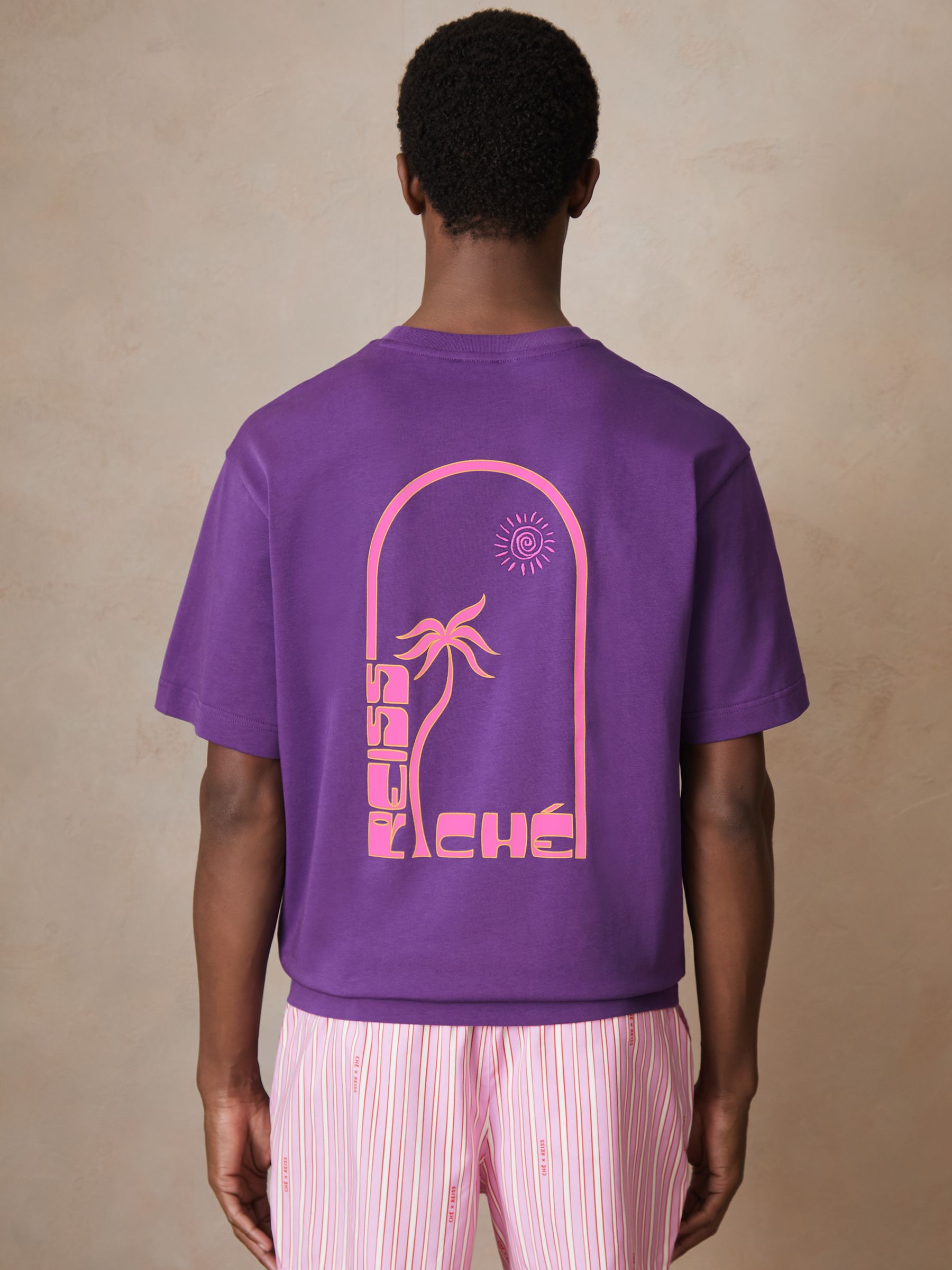 Reiss | Ché Cotton Palm-Print T-Shirt in Purple