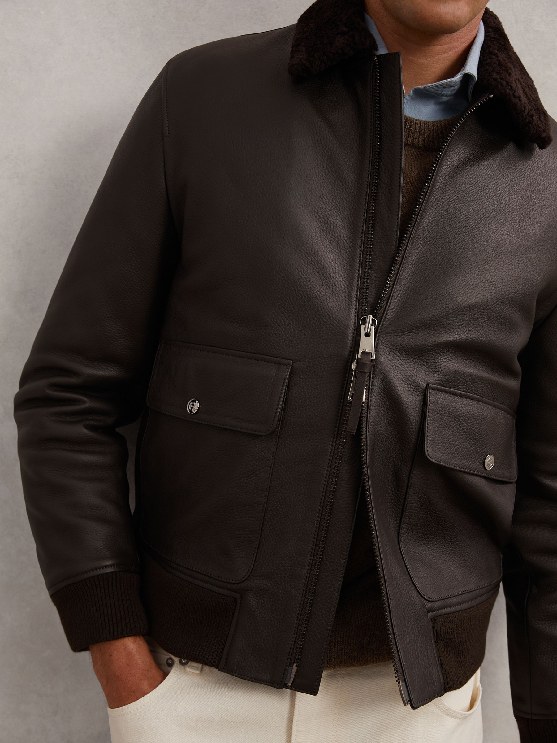 Leather Shearling-Collar Bomber Jacket in Brown