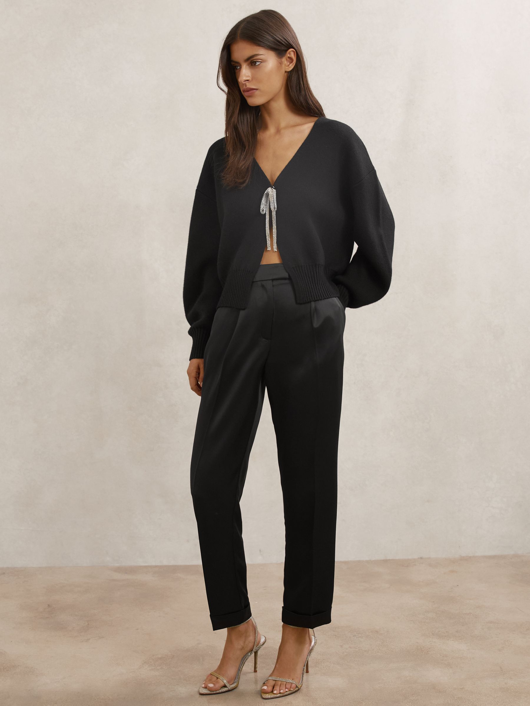 Wool-Blend Crystal-Bow Cardigan With Cashmere in Black