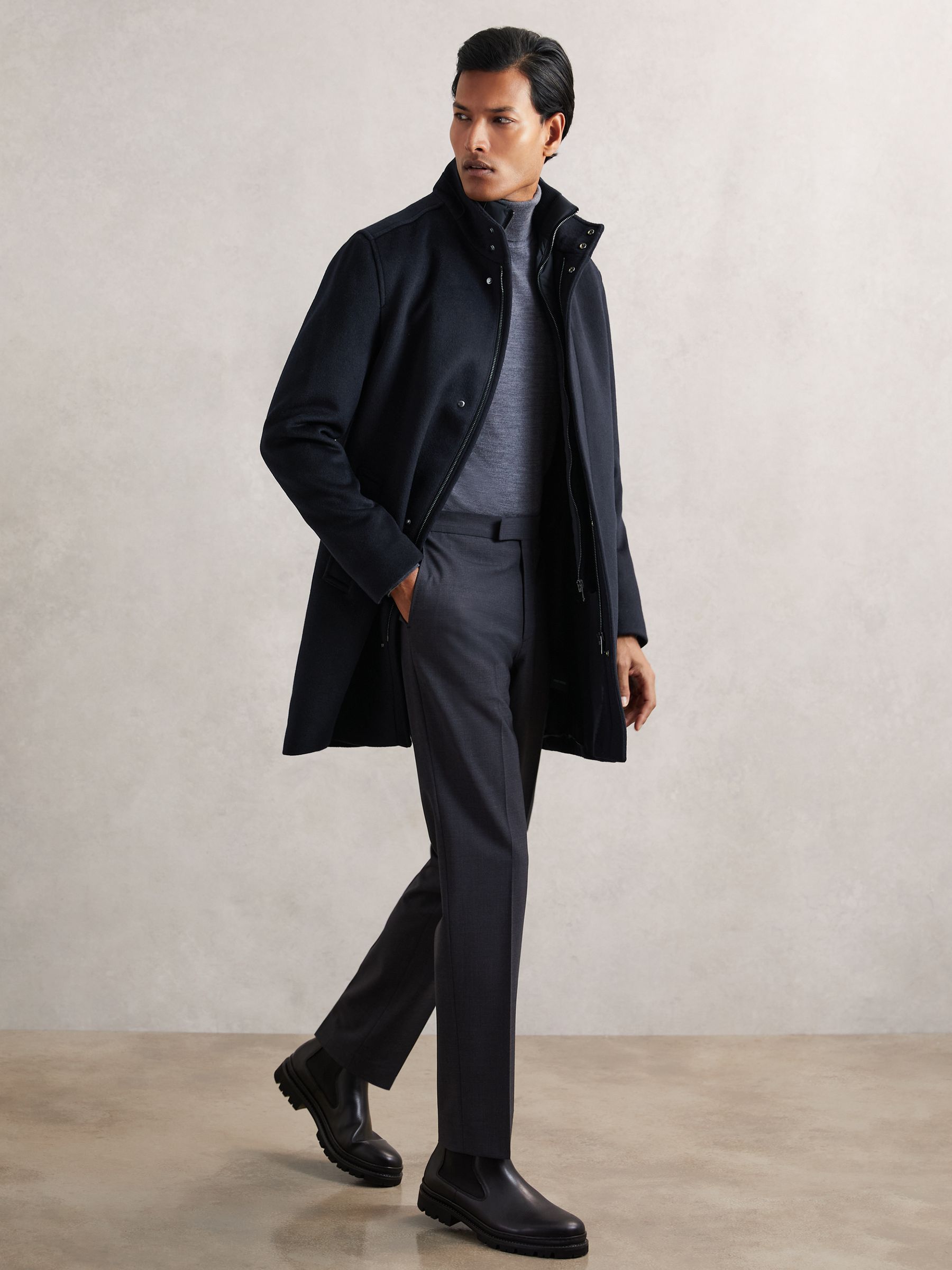 Wool-Blend Gilet-Insert Coat in Navy