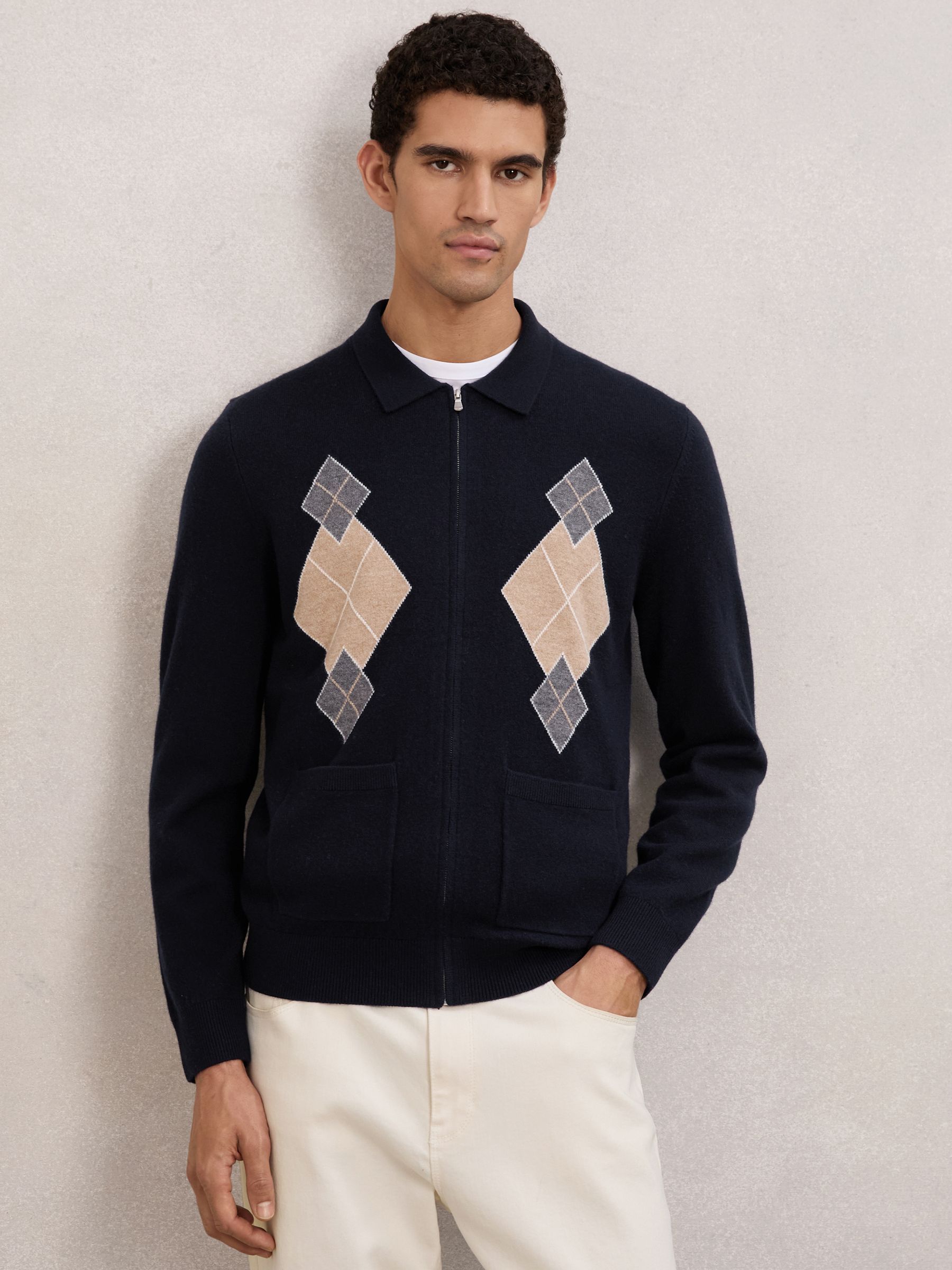 Wool Zip-Through Argyle Cardigan in Navy