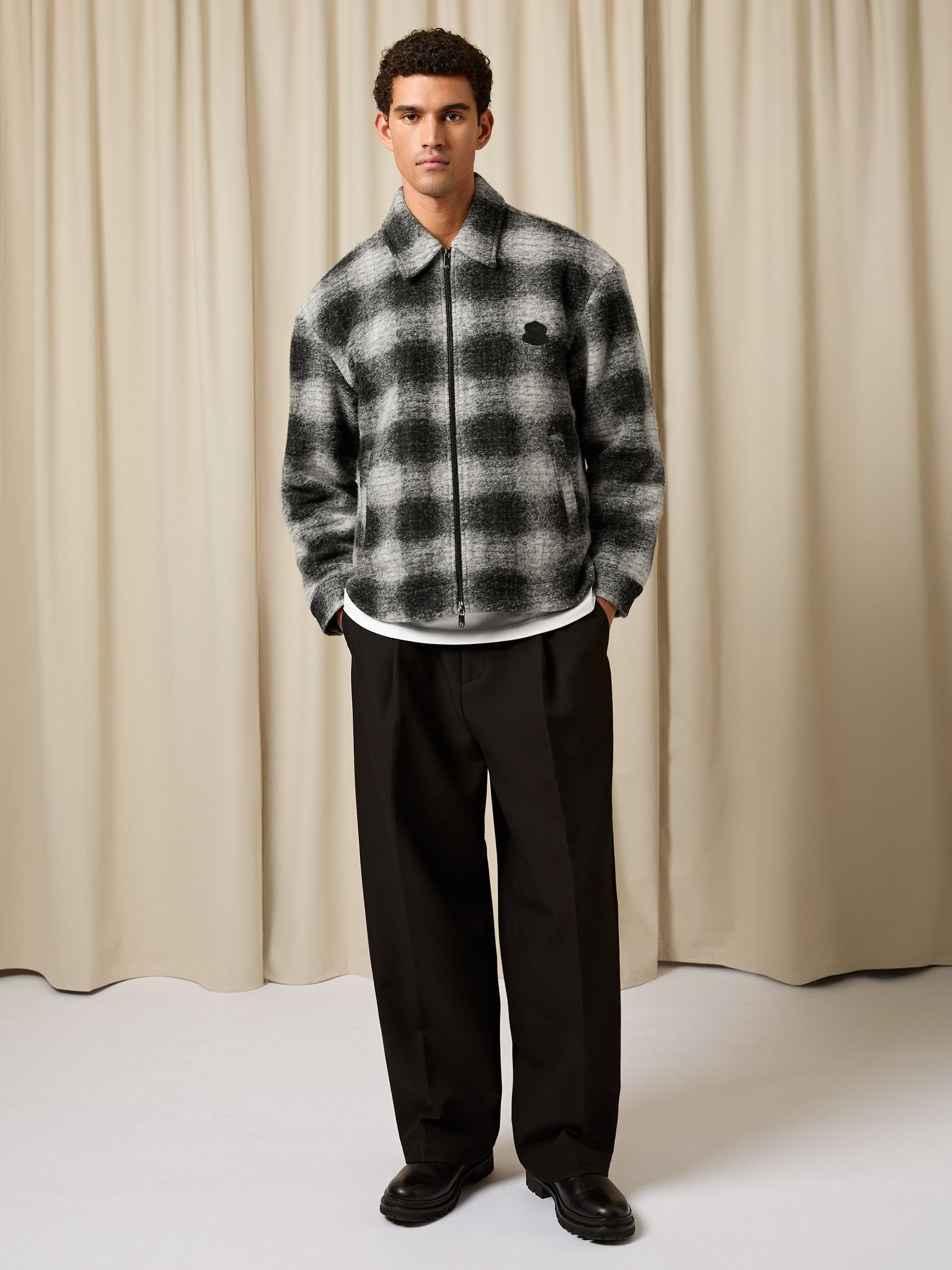 Monogram Embroidered Relaxed Overshirt with Wool in Black/White