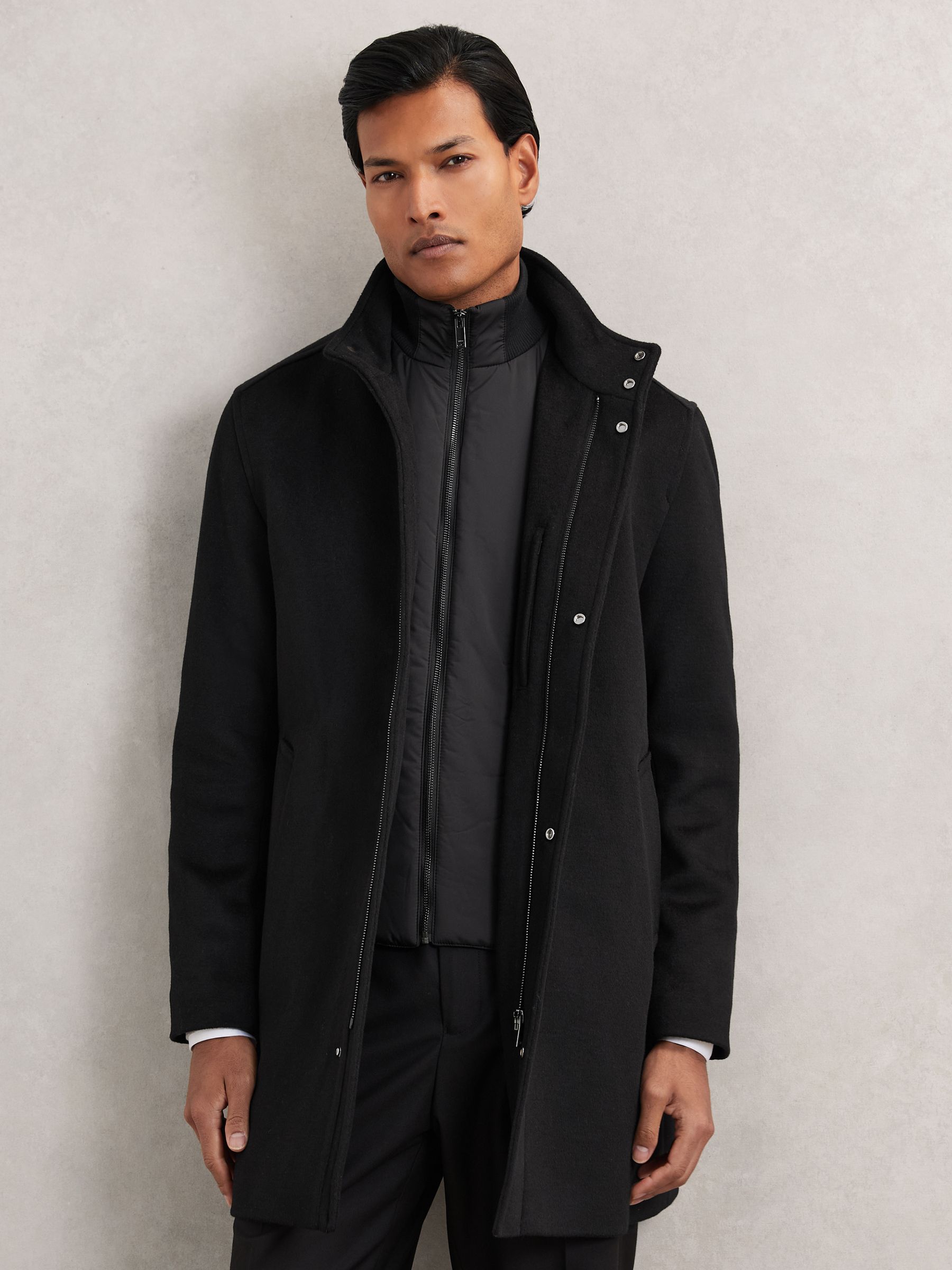 Wool-Blend Gilet-Insert Coat in Navy