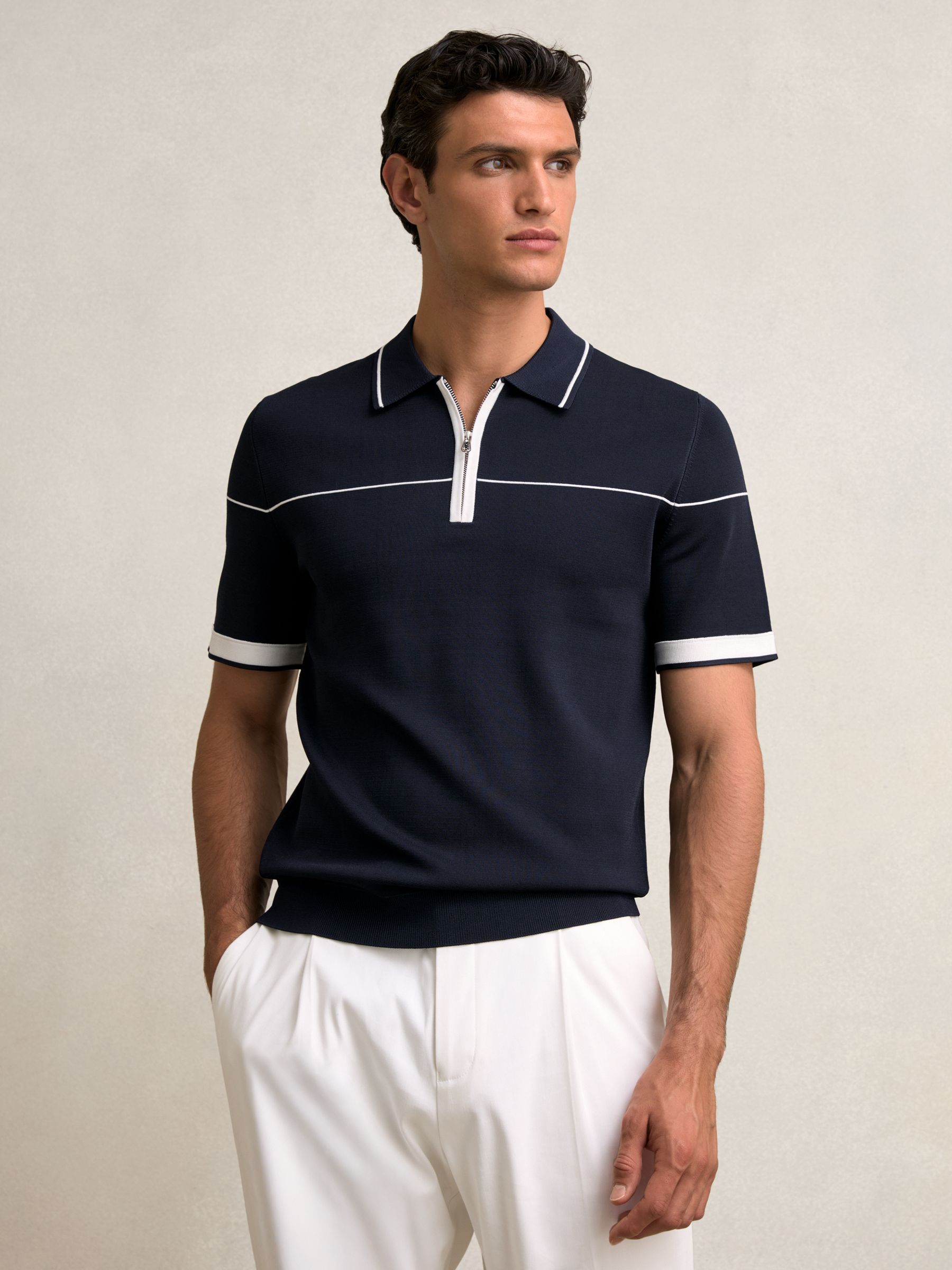 Half-Zip Tipped Polo Shirt in Navy/White