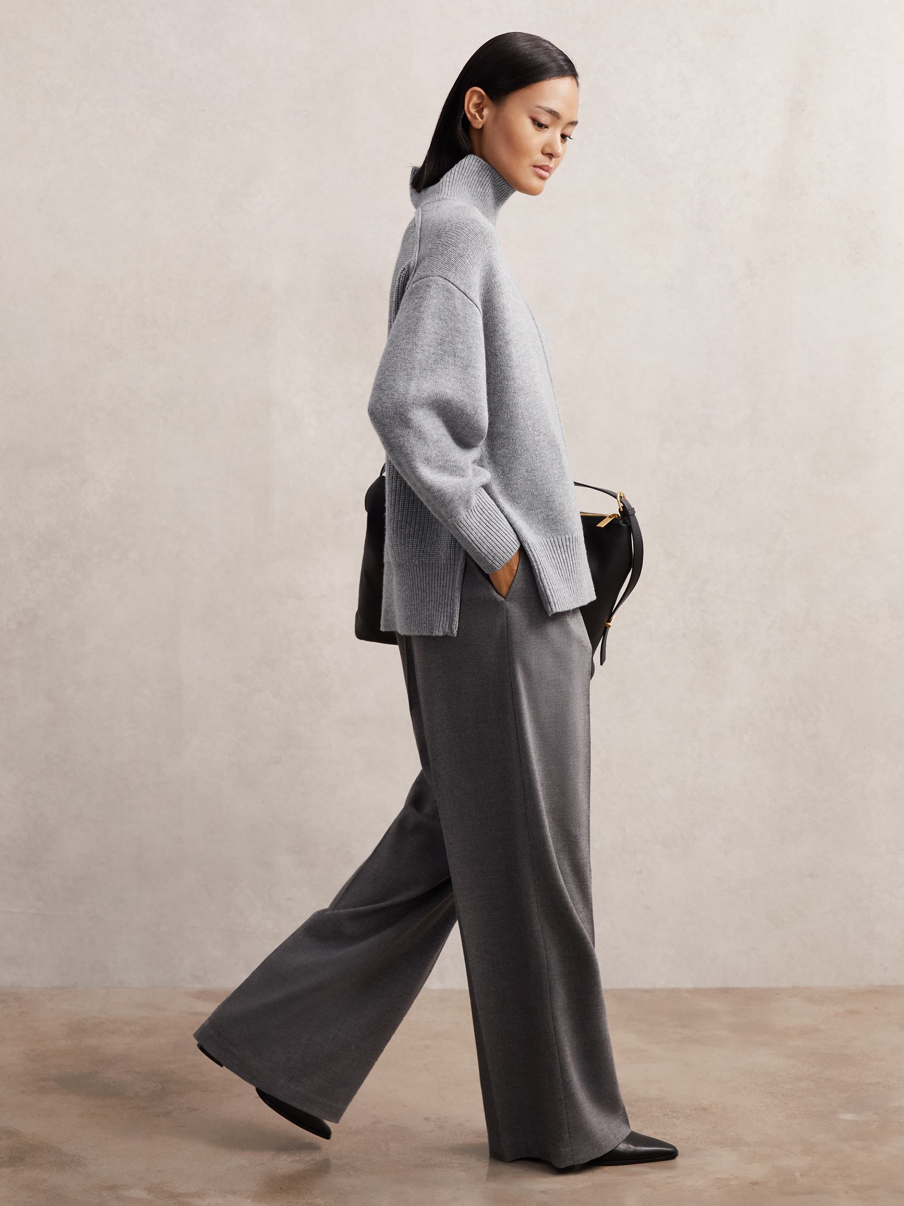 Wool Zip-Detail Funnel-Neck Jumper in Grey