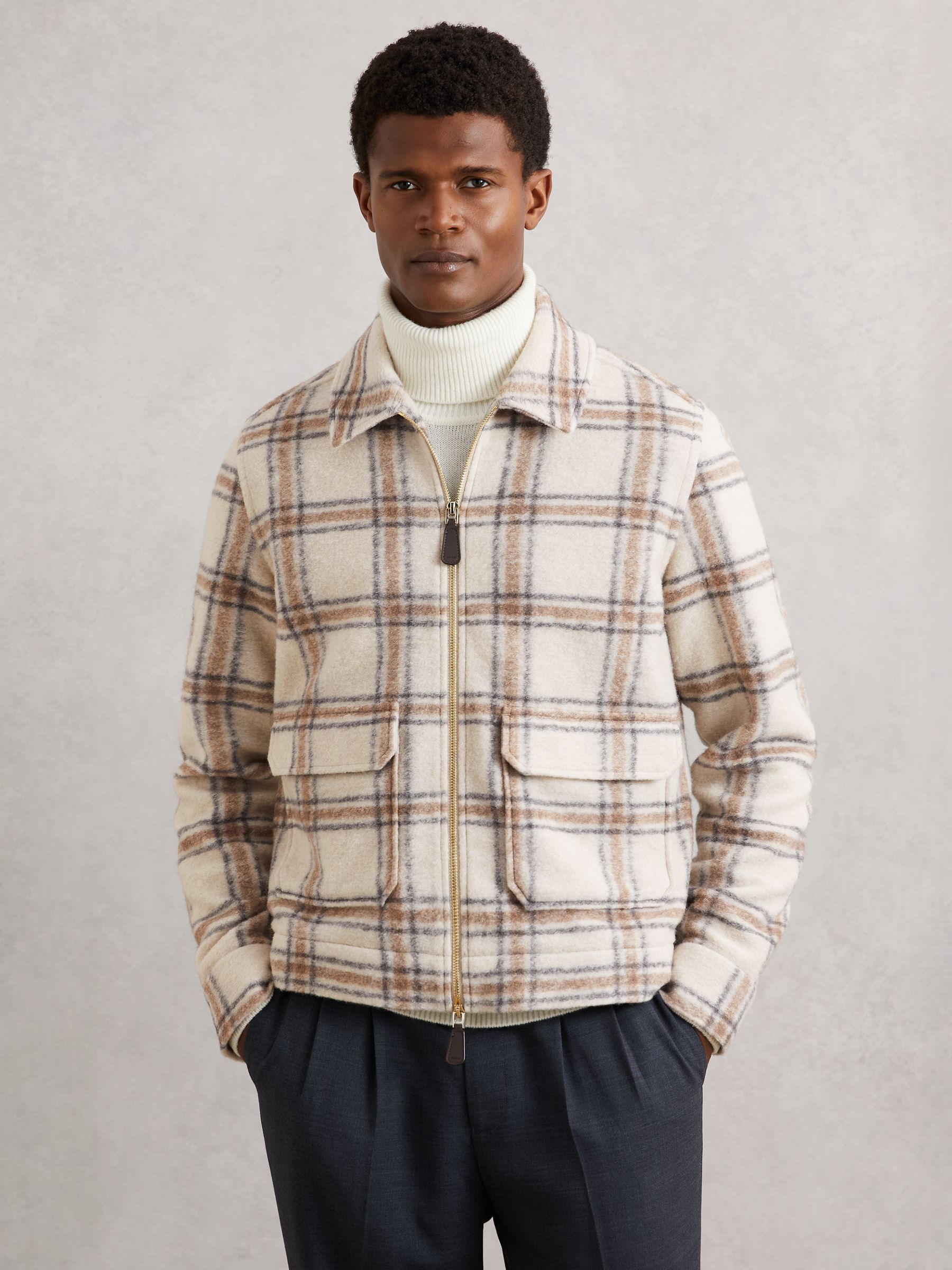 Zip-Through Check Overshirt with Wool in Stone