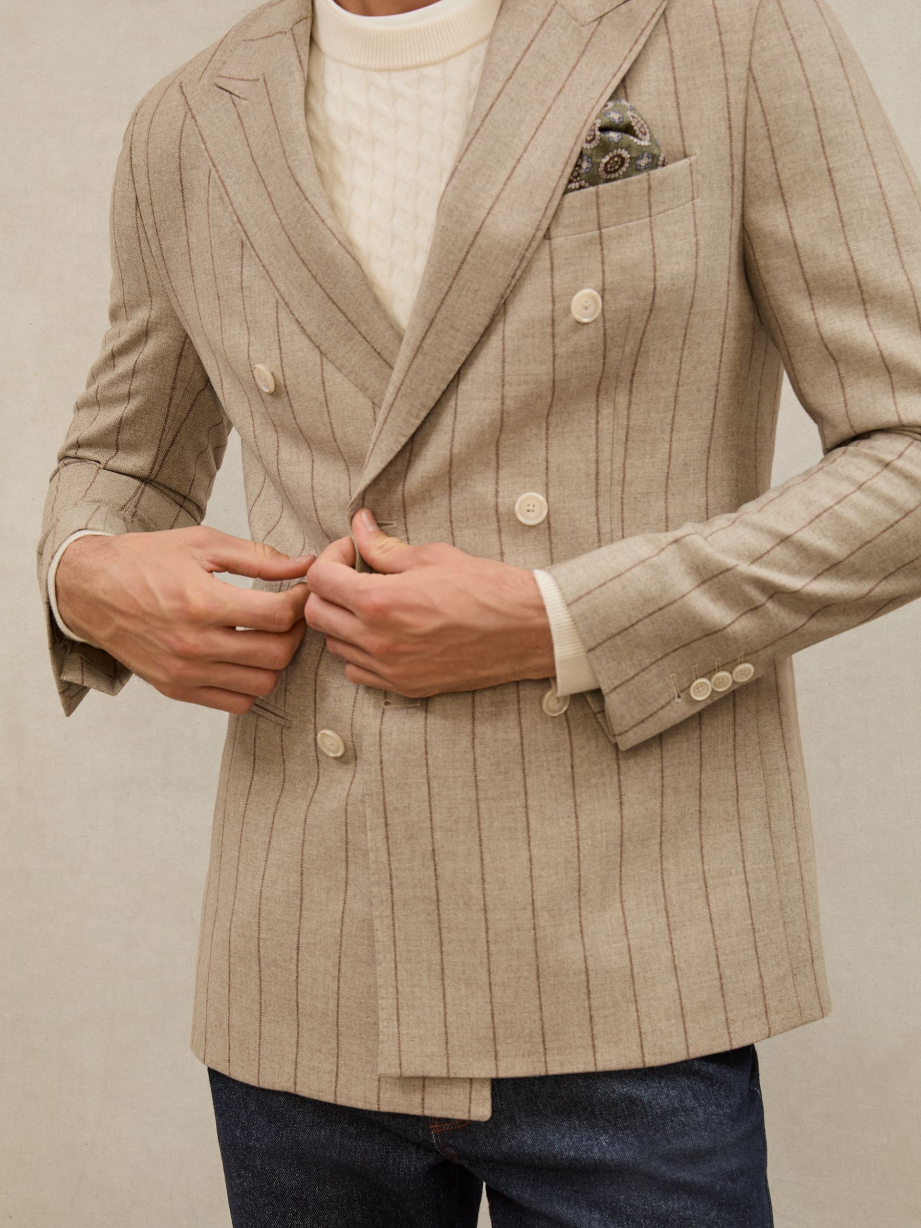 Atelier Wool Double-Breasted Blazer Pinstripe Tailored-Fit in Mocha Brown