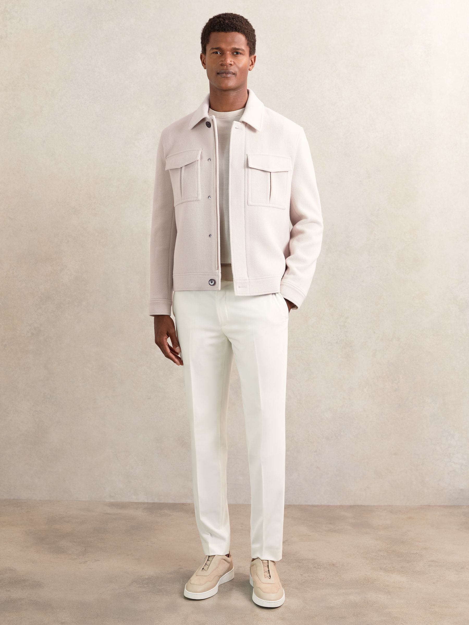 Wool Blend Twin Pocket Zipped Jacket in Ivory