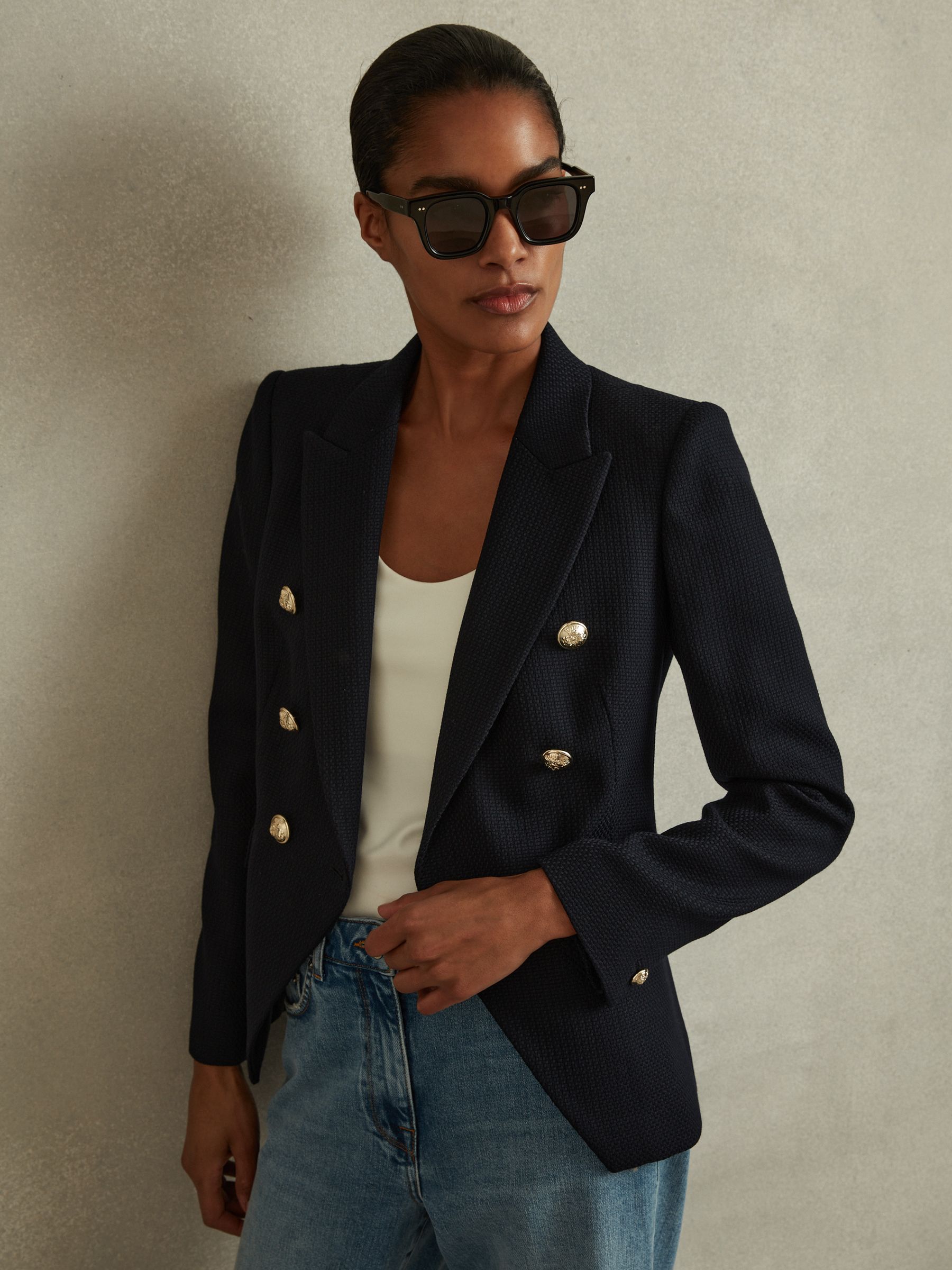 Tailored Fit Textured Double Breasted Blazer in Navy