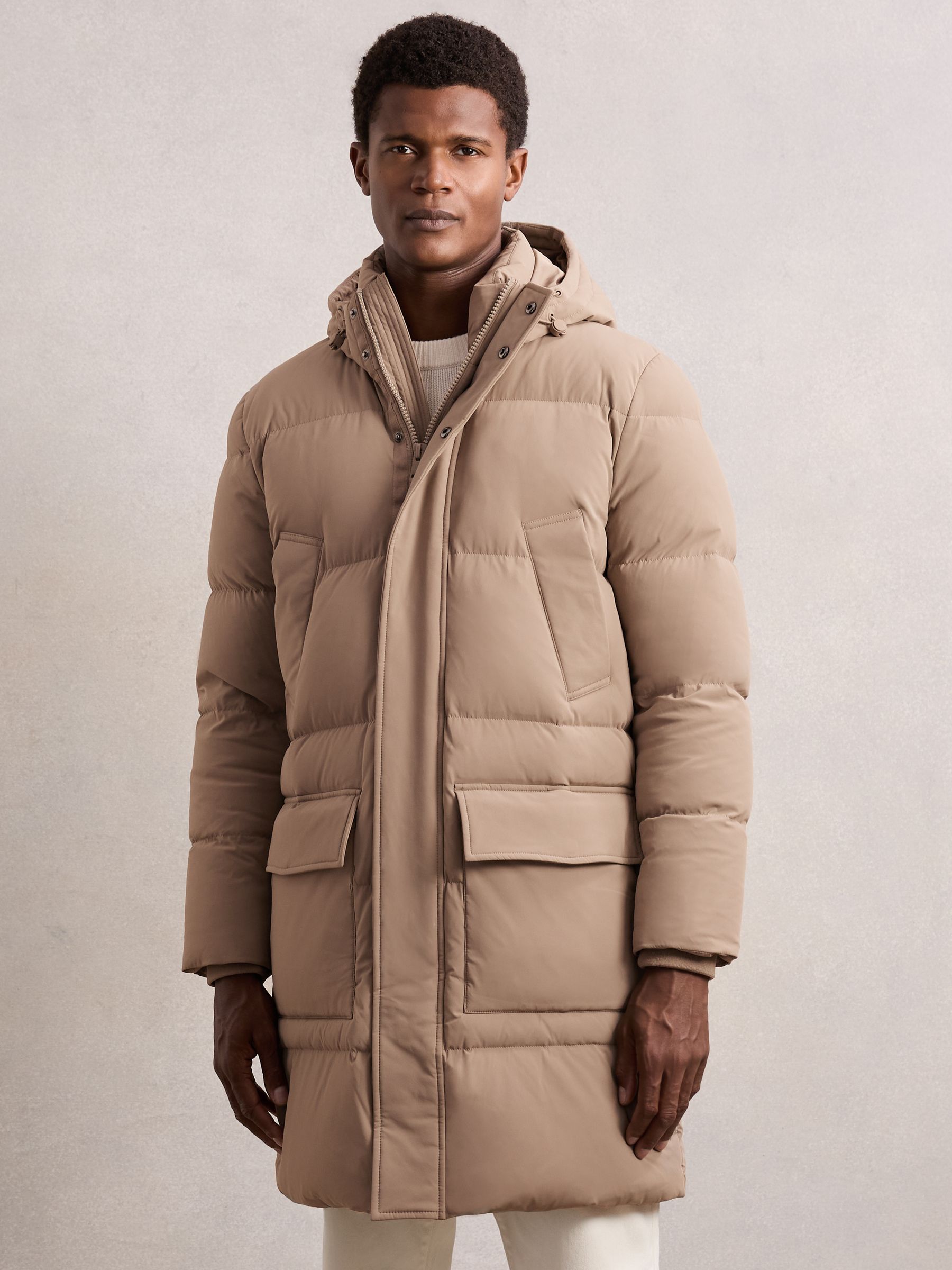Longline Quilted Puffer Jacket in Light Camel Brown