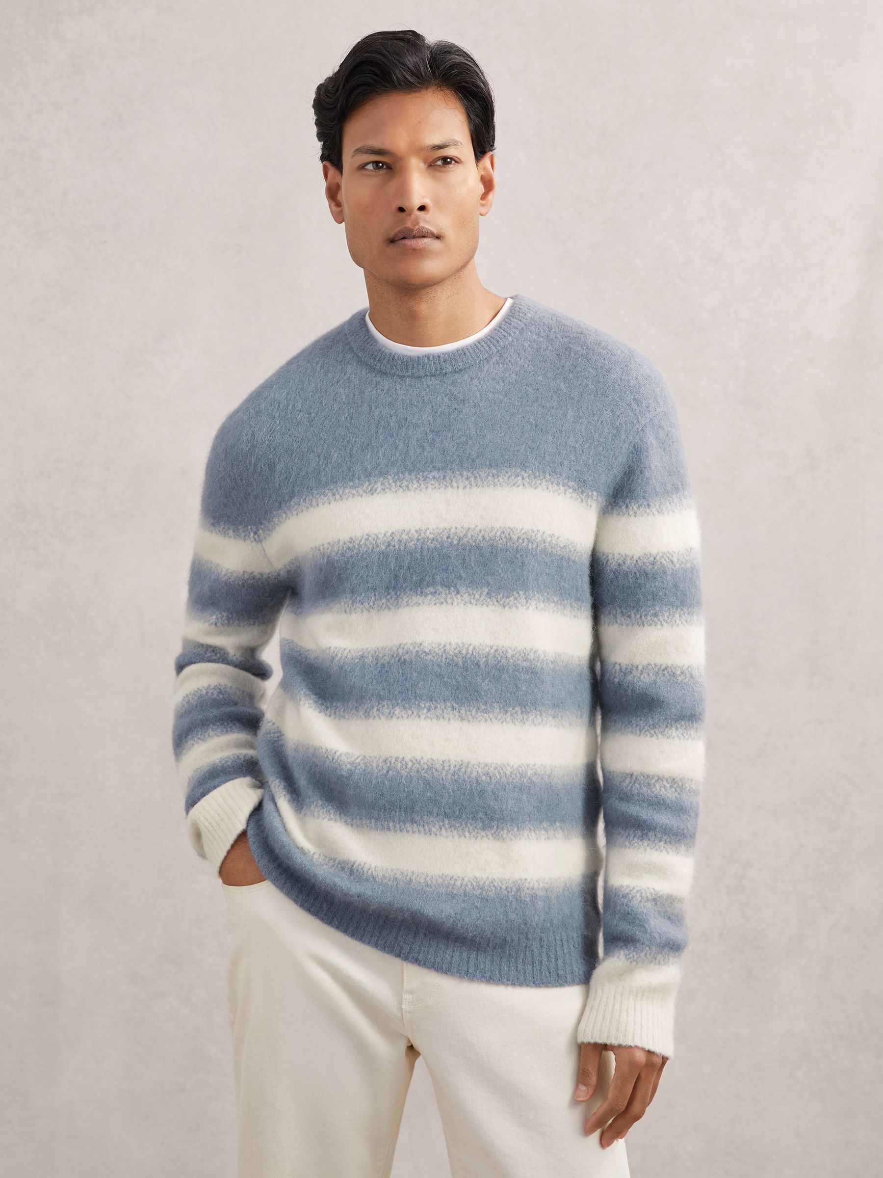 Wool-Alpaca Blend Stripe Jumper in Soft Blue/White
