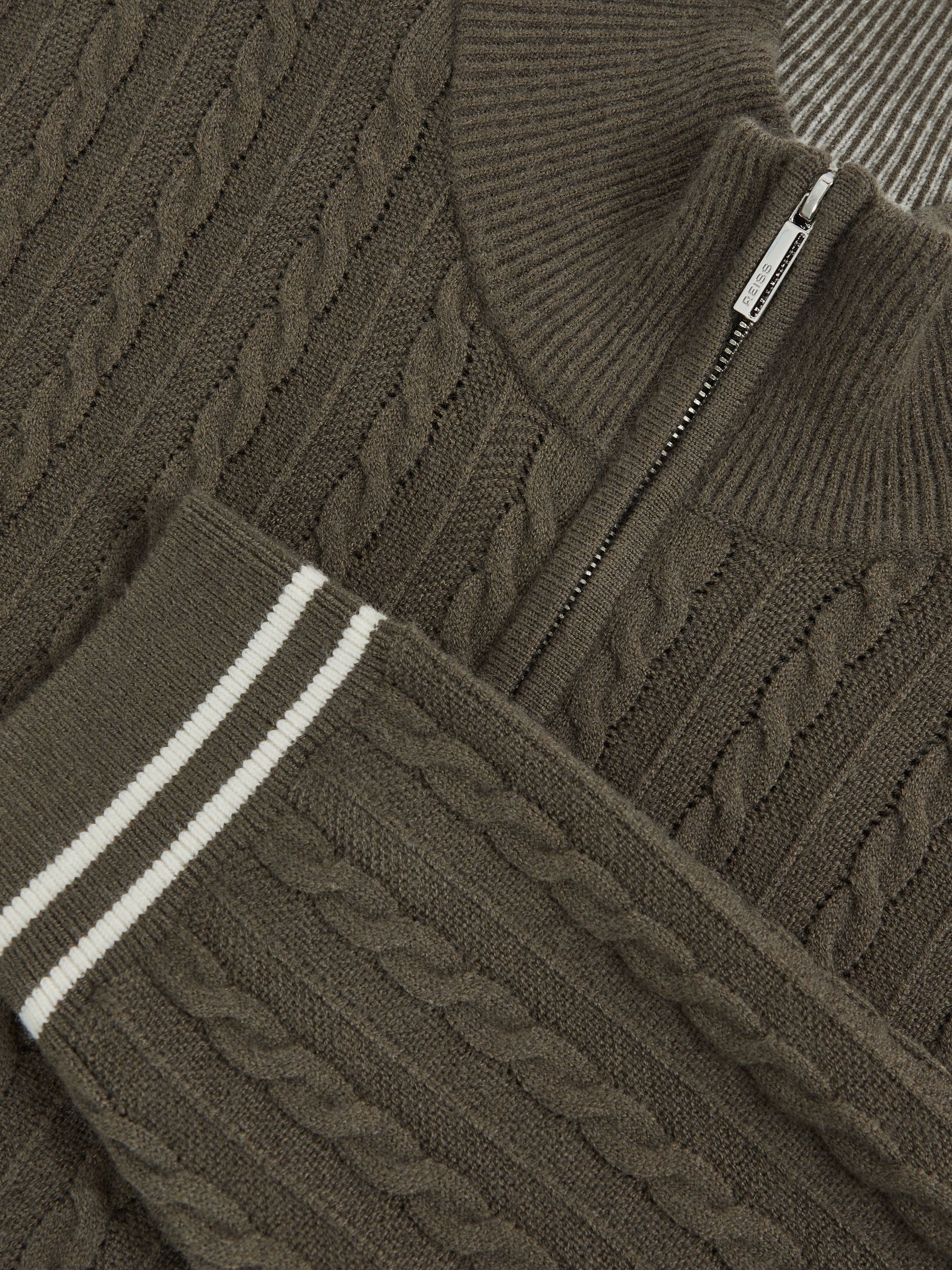 Half-Zip Cable Knit Jumper With Wool in Khaki Green
