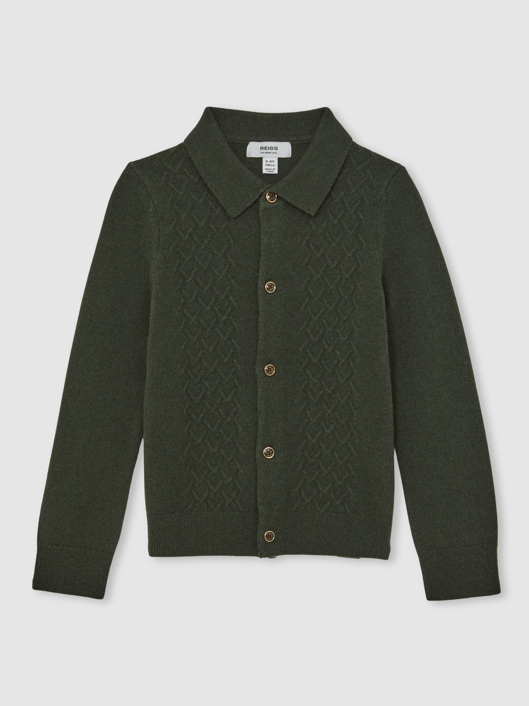 3-9 yrs Wool V-Stitch Button-Through Cardigan in Forest Green