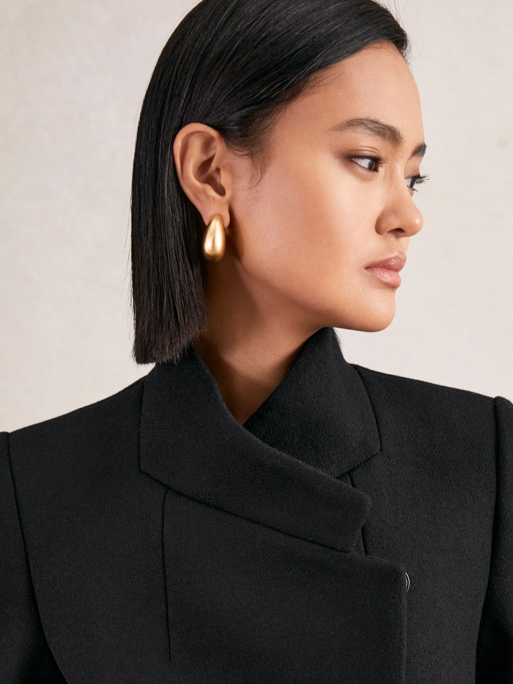 Wool-Blend Wrapover Mid-Length Coat in Black