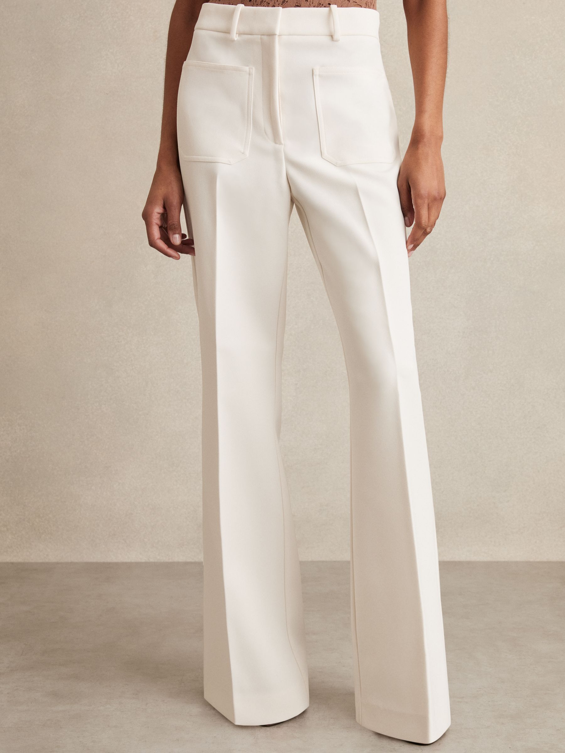Petite Twill Patch-Pocket Flared Trousers in Cream