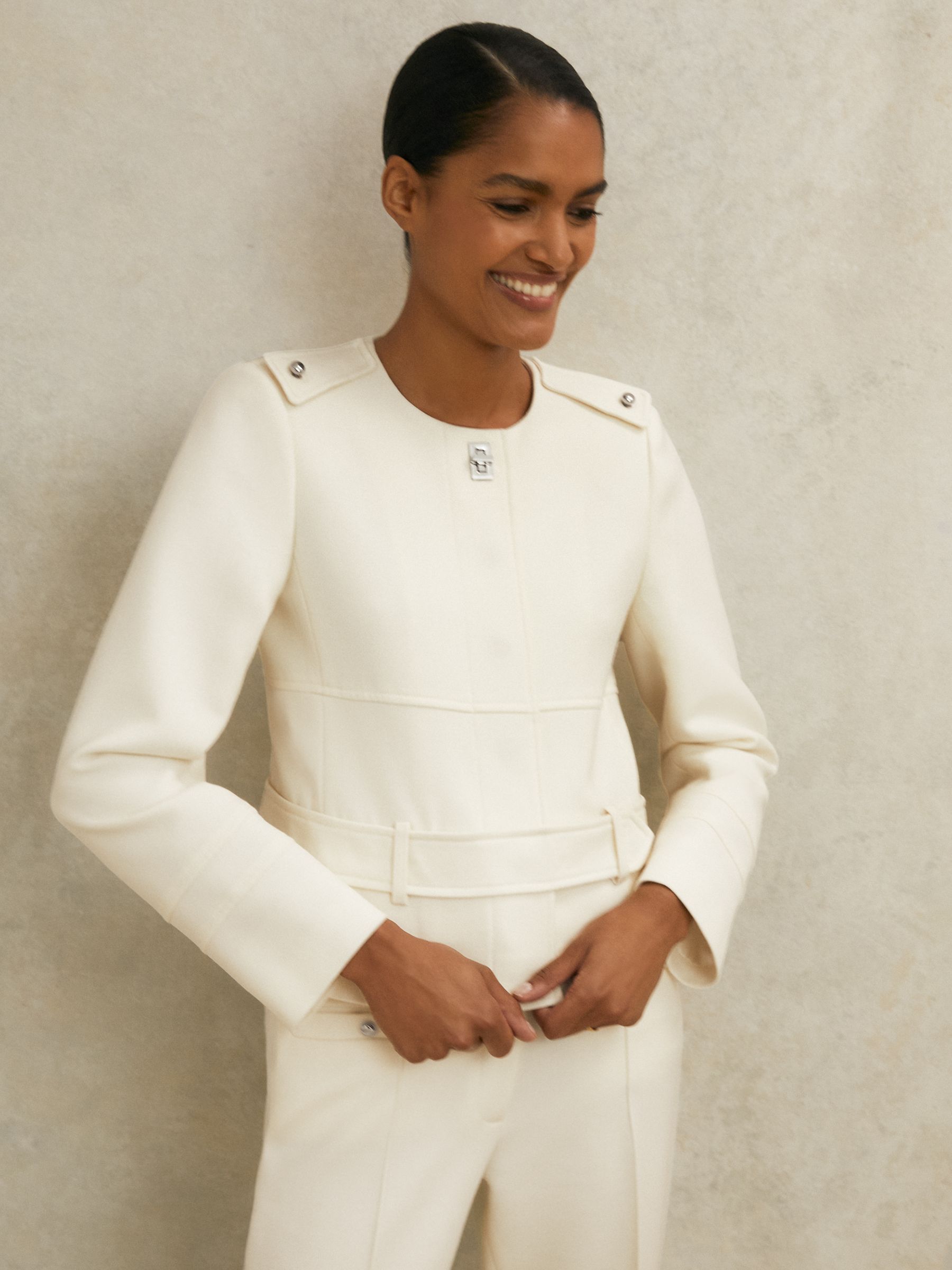 Atelier Wool Collarless Belted Jacket in White