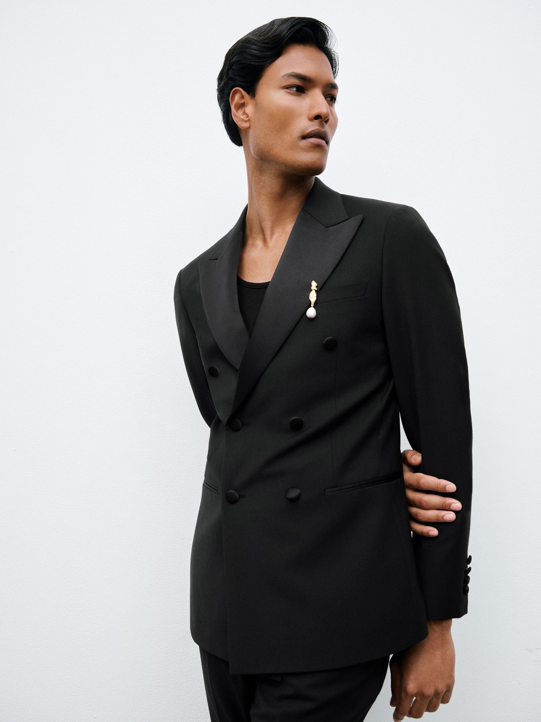 Double Breasted Tuxedo Slim Fit Jacket in Black