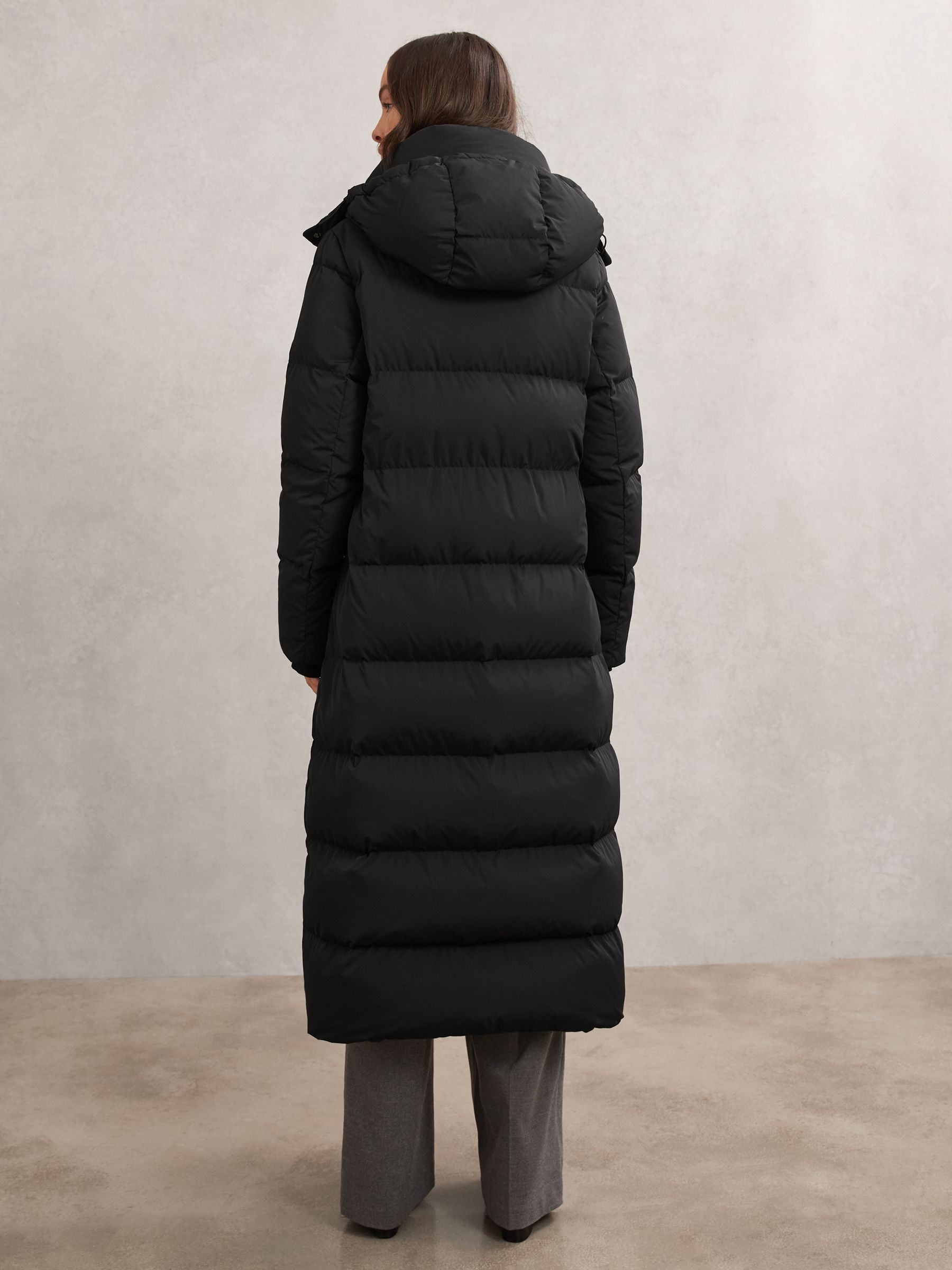 Belted Longline Hooded Puffer Coat in Black