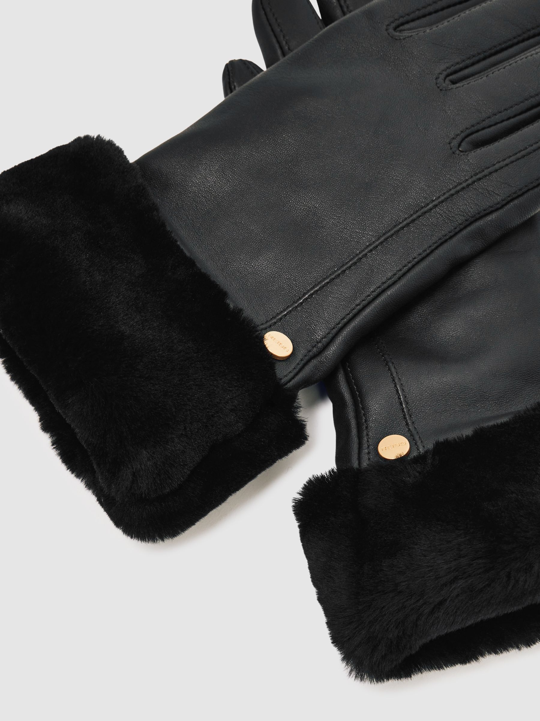 Shearling Cuff Leather Gloves in Black