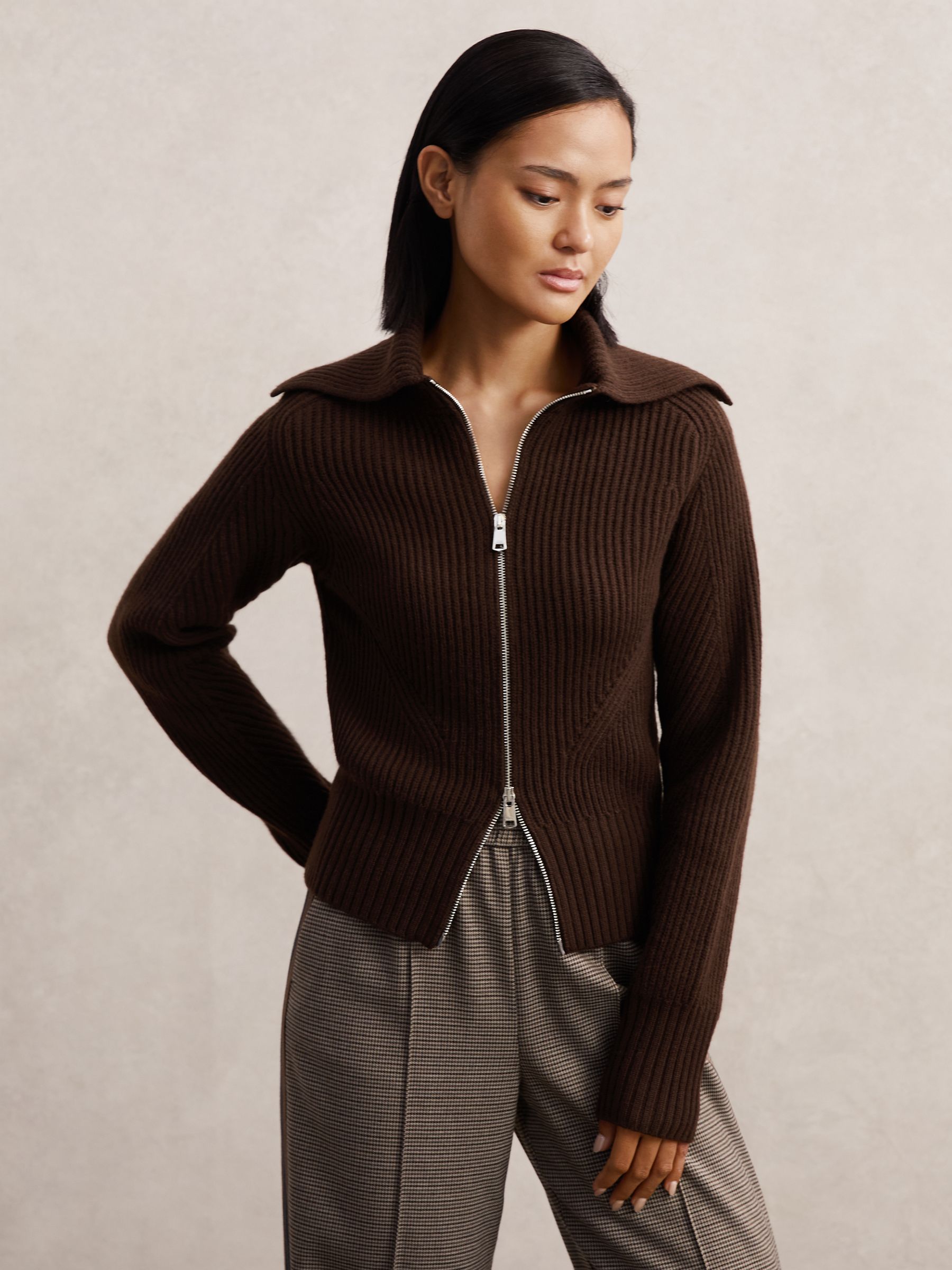 Wool Zip-Through Rib-Knit Cardigan in Chocolate Brown