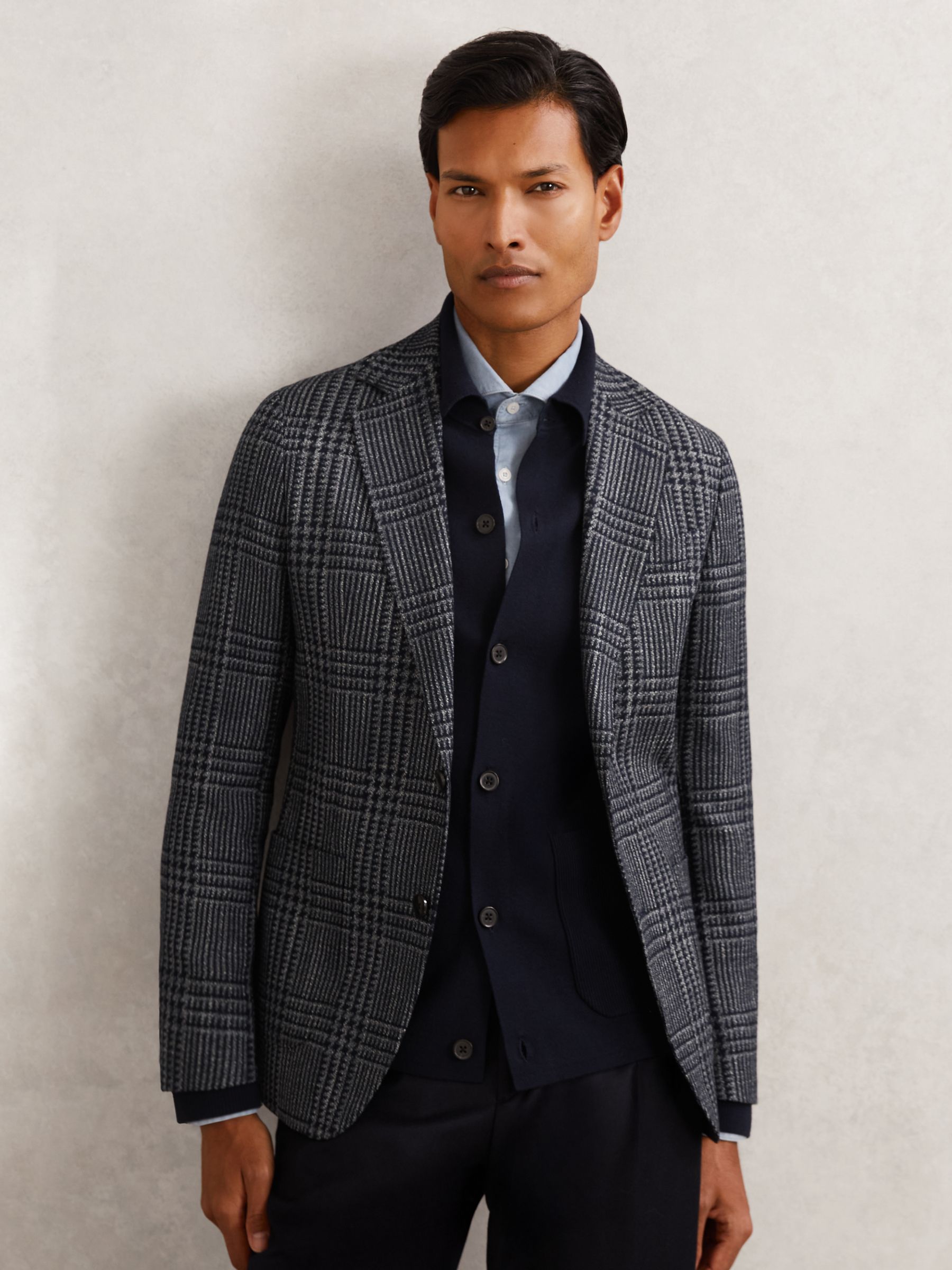 Wool-Blend Check Single-Breasted Blazer Tailored-Fit in Navy