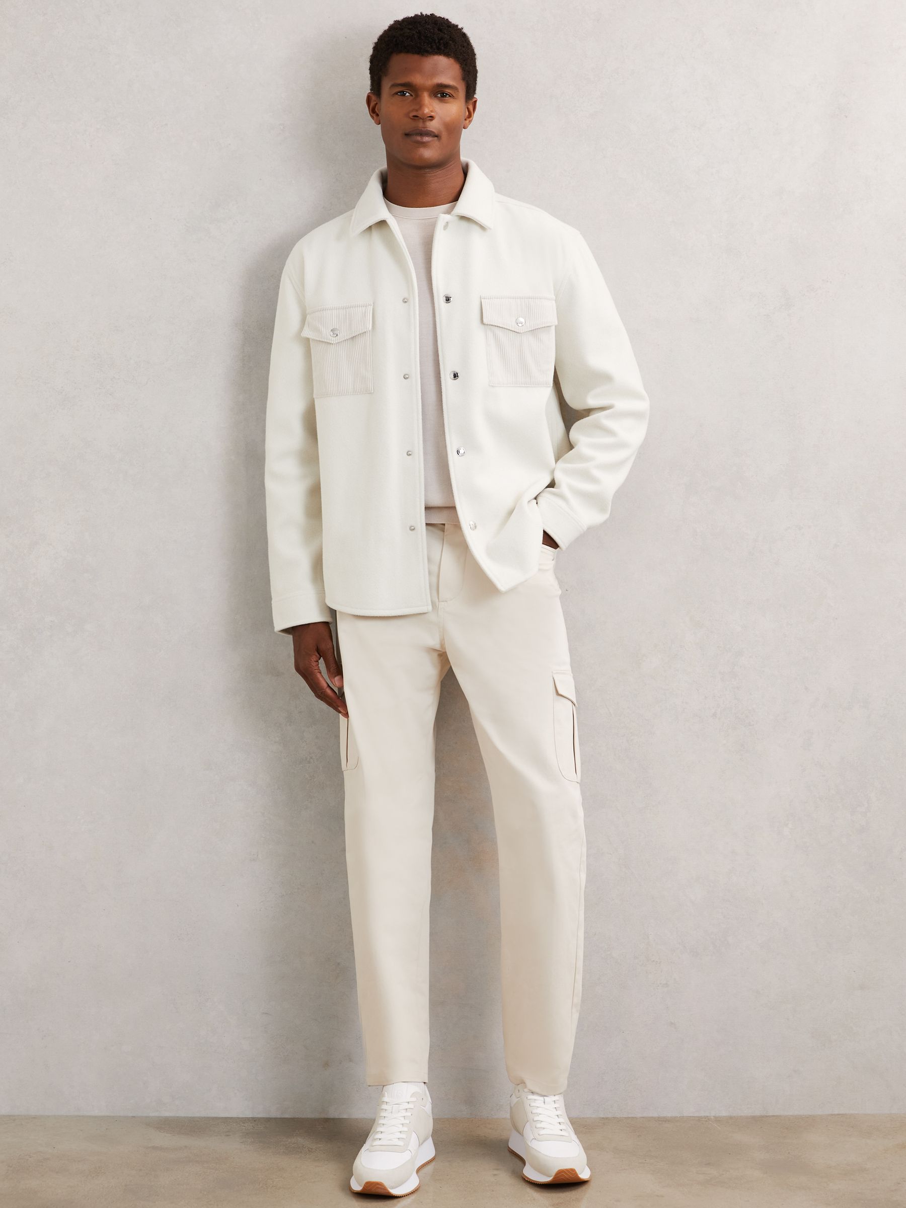 Corduroy-Pocket Press-Stud Overshirt in Off White