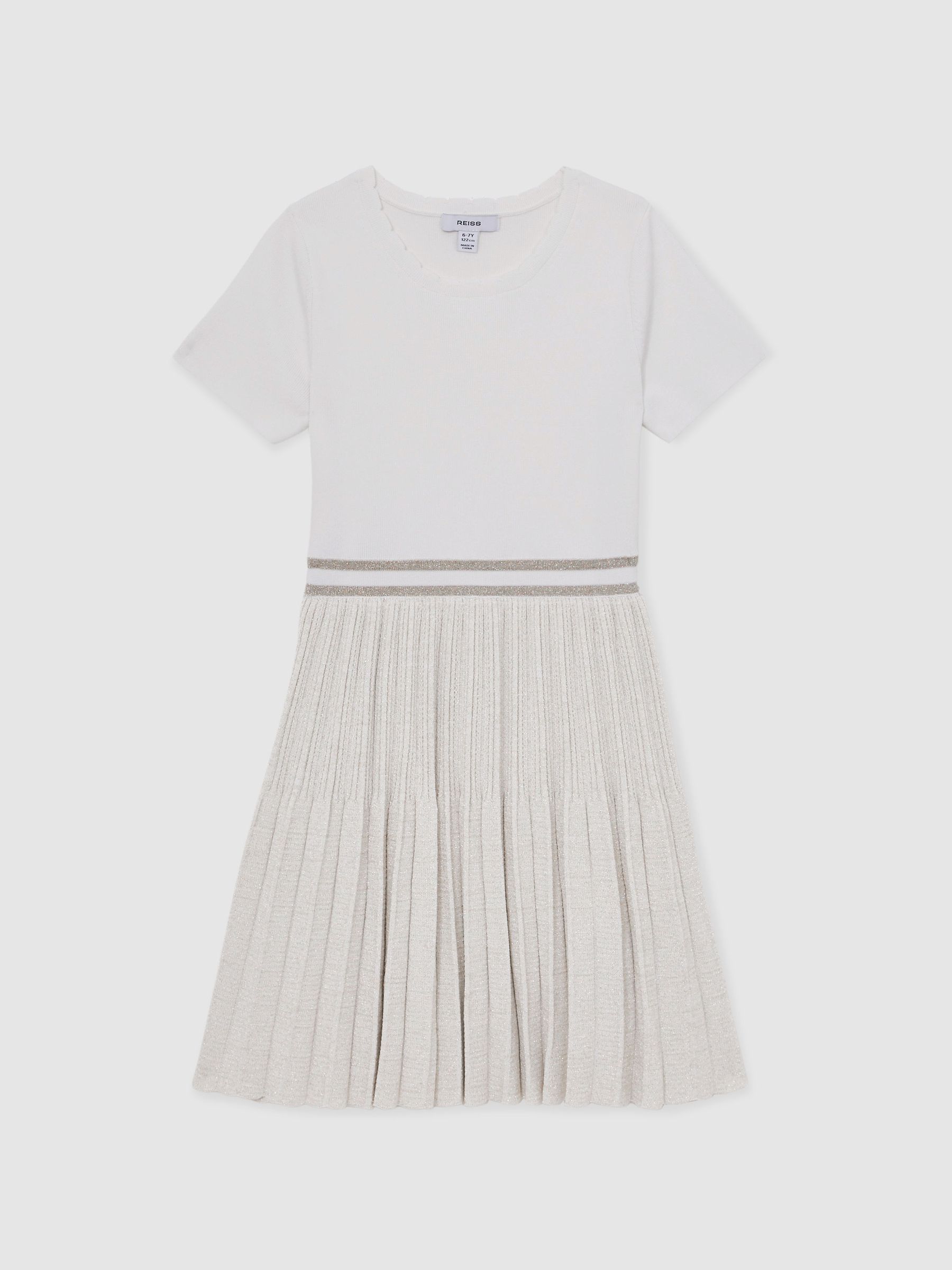 Metallic-Knit Pleated Dress in Ivory